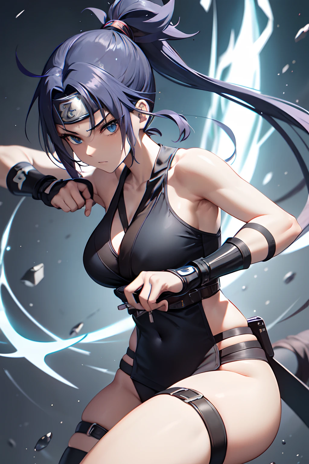 Design a female ninja character with features inspired by the Naruto universe. She is a determined and agile ninja who specializes in lightning-style jutsu. Her appearance should include a dark blue, form-fitting ninja outfit with silver trim, along with a headband that bears the symbol of her hidden village. She has long, ebony hair, and her eyes are a striking shade of electric blue. She carries twin kunai knives strapped to her thighs and has a pouch filled with shuriken. Her backstory includes growing up in a small, remote ninja village, where she trained relentlessly to master her lightning-style techniques. She is known for her unwavering determination and quick reflexes, which have earned her the nickname 'The Thunder Blade.' Create a detailed illustration of her, highlighting her ninja attire, weapons, and any distinctive accessories