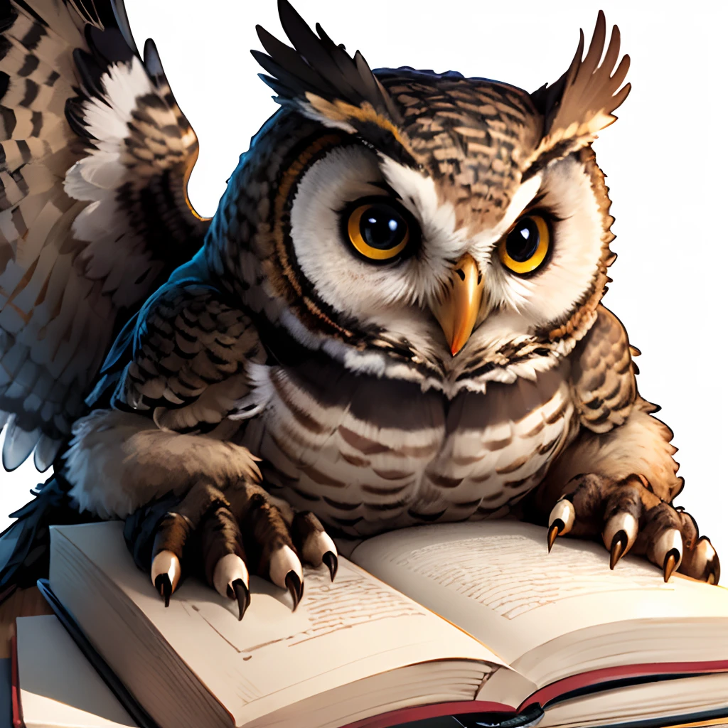 Smart owl with glasses on his eyes flies with open wings, Holding a school textbook in his claws. Solid tone with no background