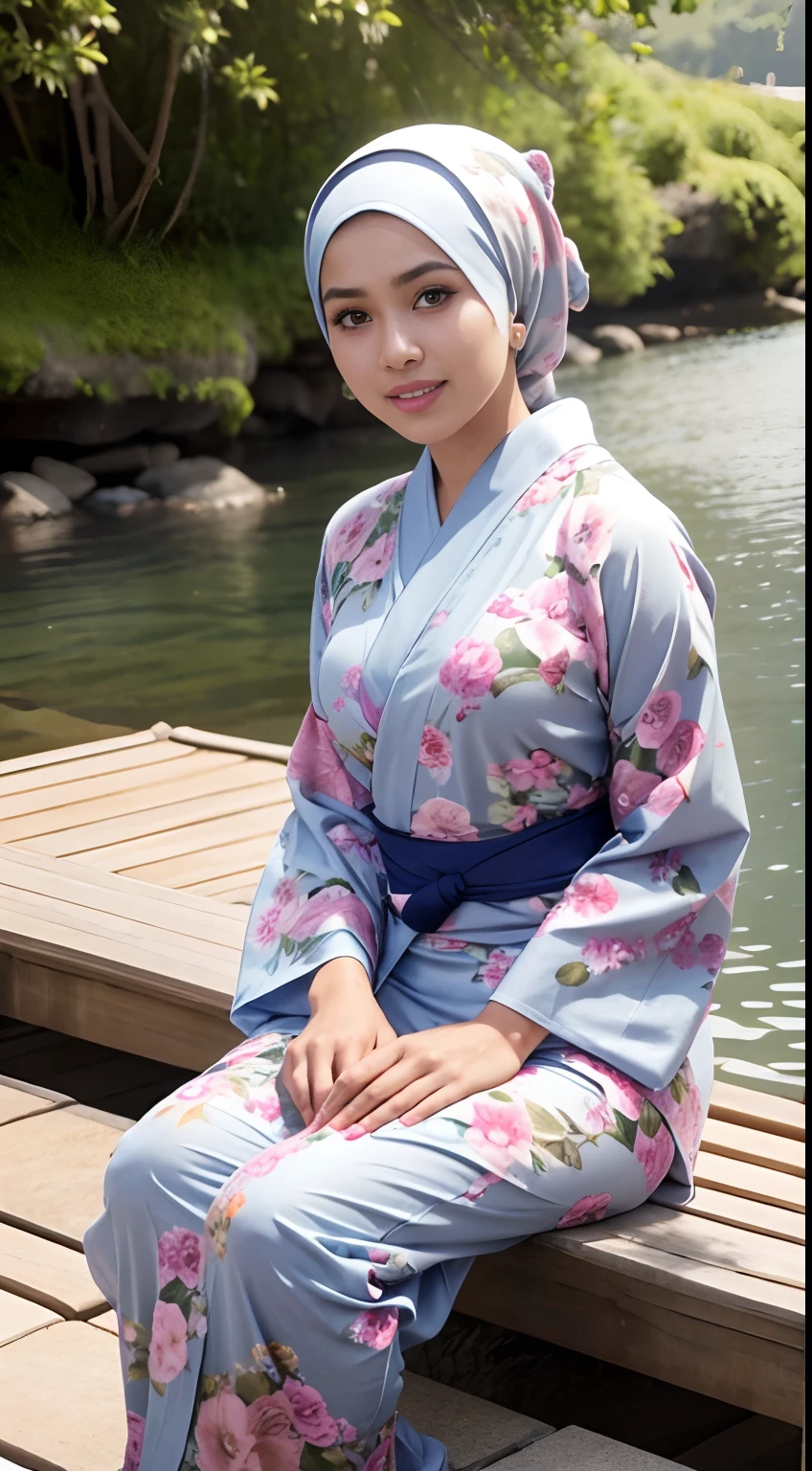 RAW, Best quality, high resolution, masterpiece: 1.3), beautiful Malay woman in hijab (iu:0.8),Best quality, high resolution, Masterpiece: 1.3, Beautiful hijabi malay girl, Masterpiece, Soft smile,Beautiful Malay women wear (floral pattern yukata:1.5), (Open yukata), (Bare shoulders),sitting in the water, bright sunshine, hiking clothes, pullover, long pants, highres,4k,HDR,1girl, photorealistic, realistic,sweat skin, wet clothes, wet body, big breast, ((full body))soaked, dripping, smiling at viewer, closeup
