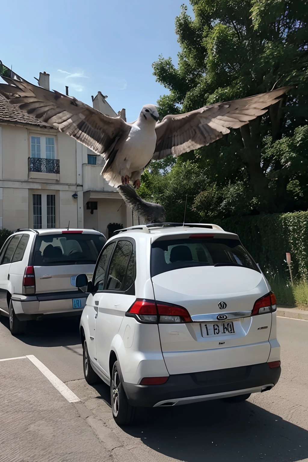 Une voiture se faisant pourchasser par un chat essaye de voler avec des ailes de pigeons realistic