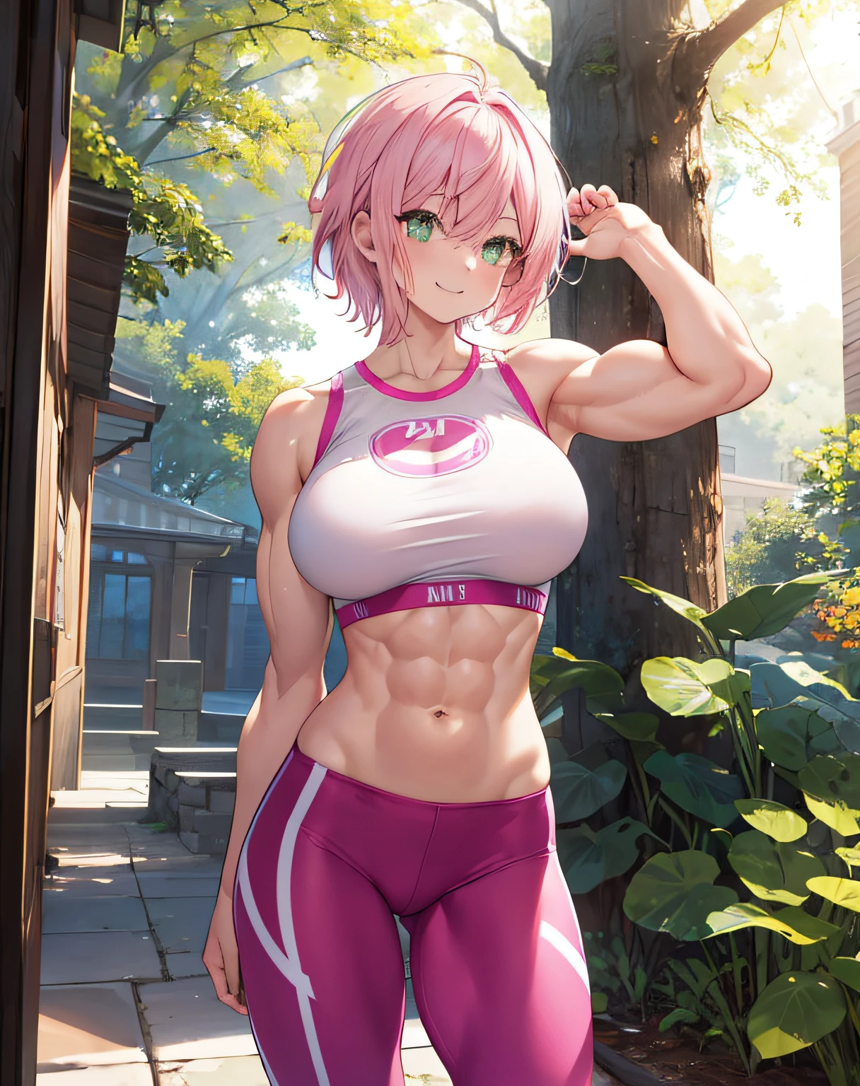 1 girl, solo, best quality, ultra detailed, (happy:1.4), pink hair, pink short hair, green eyes, sports bra, looking away, from front, portrait, buff, muscular arms, buff arms, standing, warm sunlight, leggings, large sized chest, large sized breast, large breasts, large muscular arms, large muscles, exposed midriff