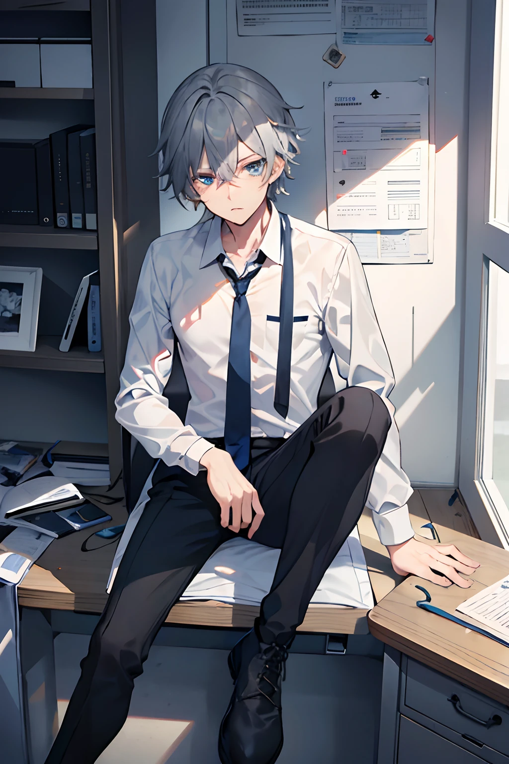 male, Meduim build, messy grey hair, blue eyes, had a scar on his left eye,170 cm tall, wearining his useal office unifrom aka white shirt, dark blue tie, black pants and Black military boots