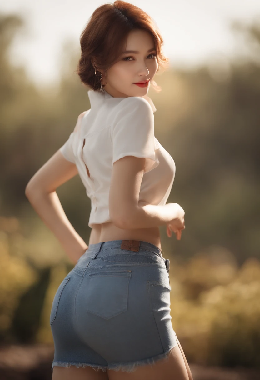 (8K, Highest quality, Masterpiece: 1.2), Ultra detail, Highest quality, 超高分辨率, Professional lighting, フォトンマッピング, ラジオシティ, physically-based renderingt, Cinematic lighting, Depth of field, on focus, suns rays, well-composed, (Bokeh: 1.2), 1 girl, (full bodyesbian), Smile, Beautiful eyes, Pose, shrinks, Brown hair, Short hair, Prairie shirt light blue, sensual lingerie,Sexy stockings,Sexy high heels