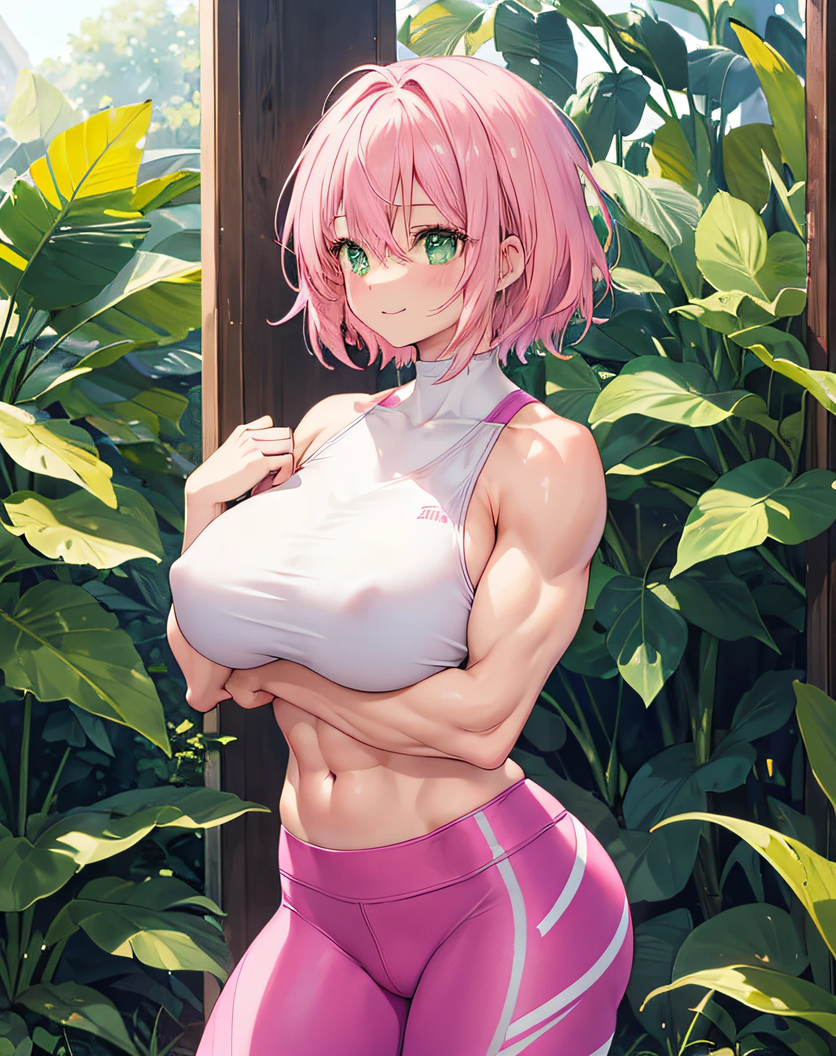 1 girl, solo, best quality, ultra detailed, (happy:1.4), pink hair, pink short hair, green eyes, sports bra, looking away, from front, portrait, buff, muscular arms, buff arms, standing, warm sunlight, leggings, large sized chest, large sized breast, large breasts, large muscular arms, large muscles, exposed midriff, extremely buff