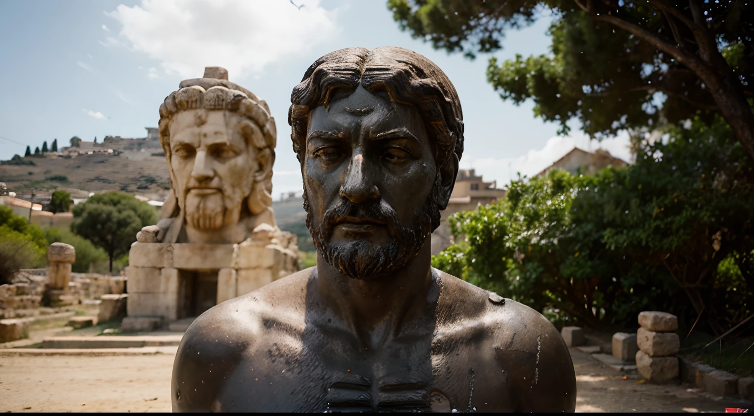 Ancient Stoic Statue With Very Angry Expression, tem barba, muitos detalhes em ambos os olhos, Outside, fundo atenas grego, open sky, com rosto extremamente detalhado full body view, Colors with low saturation with dark tone, Filmado em Sony A7S III com Sony FE 35mm f/1.8, 12.1 MP, --AR 3:2 --estilo cru