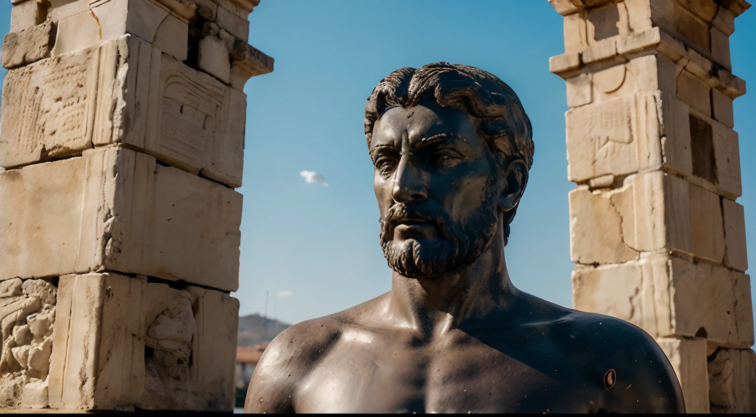 Ancient Stoic Statue With Very Angry Expression, tem barba, muitos detalhes em ambos os olhos, Outside, fundo atenas grego, open sky, com rosto extremamente detalhado full body view, Colors with low saturation with dark tone, Filmado em Sony A7S III com Sony FE 35mm f/1.8, 12.1 MP, --AR 3:2 --estilo cru