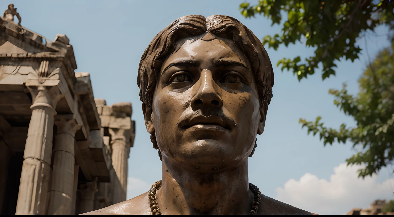 Ancient Stoic Statue With Very Angry Expression, tem barba, muitos detalhes em ambos os olhos, Outside, fundo atenas grego, open sky, com rosto extremamente detalhado full body view, Colors with low saturation with dark tone, Filmado em Sony A7S III com Sony FE 35mm f/1.8, 12.1 MP, --AR 3:2 --estilo cru