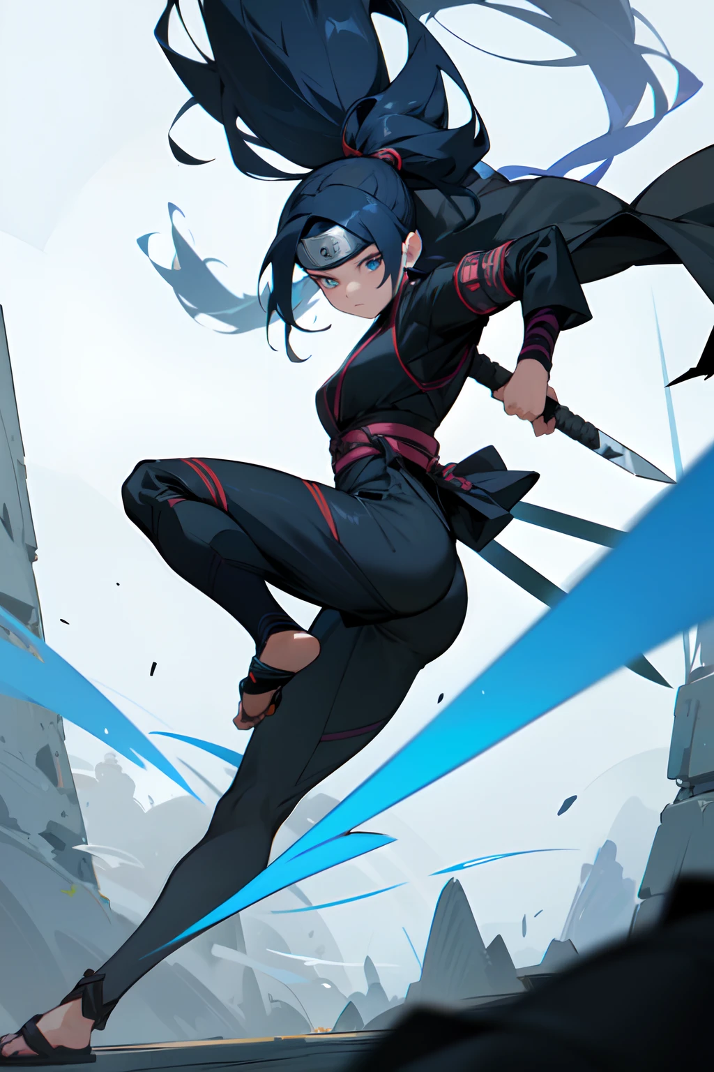 Design a female ninja character with features inspired by the Naruto universe. She is a determined and agile ninja who specializes in lightning-style jutsu. Her appearance should include a dark blue, form-fitting ninja outfit with silver trim, along with a headband that bears the symbol of her hidden village. She has long, ebony hair, and her eyes are a striking shade of electric blue. She carries twin kunai knives strapped to her thighs and has a pouch filled with shuriken. Her backstory includes growing up in a small, remote ninja village, where she trained relentlessly to master her lightning-style techniques. She is known for her unwavering determination and quick reflexes, which have earned her the nickname 'The Thunder Blade.' Create a detailed illustration of her, highlighting her ninja attire, weapons, and any distinctive accessories