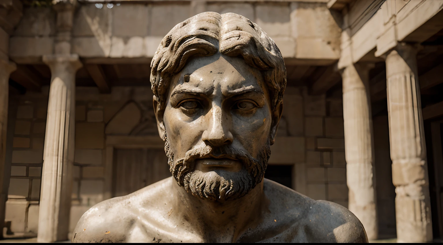 Ancient Stoic Statue With Very Angry Expression, tem barba, muitos detalhes em ambos os olhos, Outside, fundo atenas grego, open sky, com rosto extremamente detalhado full body view, Colors with low saturation with dark tone, Filmado em Sony A7S III com Sony FE 35mm f/1.8, 12.1 MP, --AR 3:2 --estilo cru