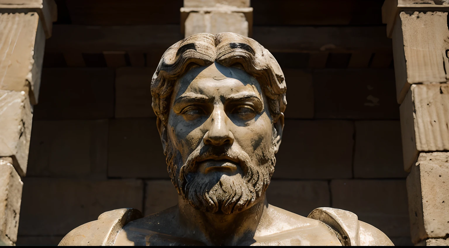 Ancient Stoic Statue With Very Angry Expression, tem barba, muitos detalhes em ambos os olhos, Outside, fundo atenas grego, open sky, com rosto extremamente detalhado full body view, Colors with low saturation with dark tone, Filmado em Sony A7S III com Sony FE 35mm f/1.8, 12.1 MP, --AR 3:2 --estilo cru