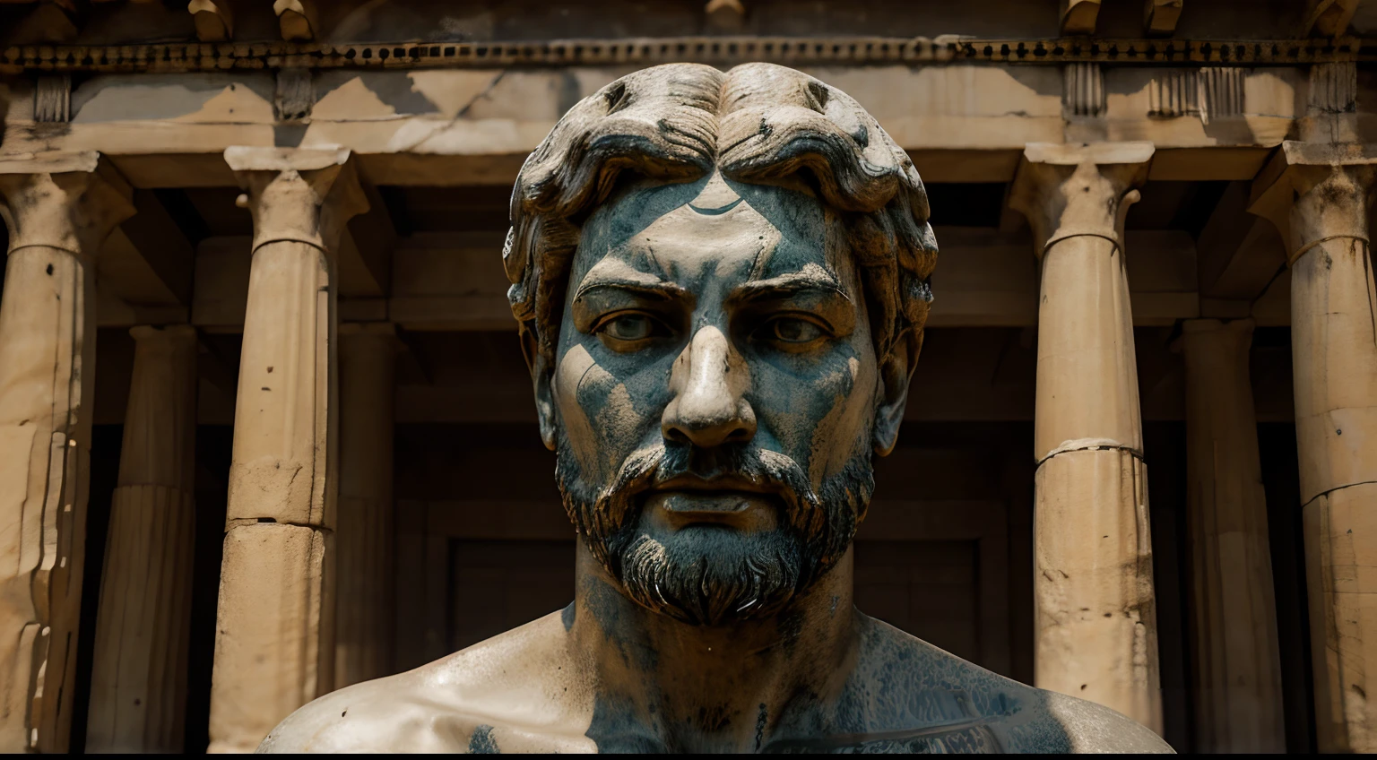 Ancient Stoic Statue With Very Angry Expression, tem barba, muitos detalhes em ambos os olhos, Outside, fundo atenas grego, open sky, com rosto extremamente detalhado full body view, Colors with low saturation with dark tone, Filmado em Sony A7S III com Sony FE 35mm f/1.8, 12.1 MP, --AR 3:2 --estilo cru