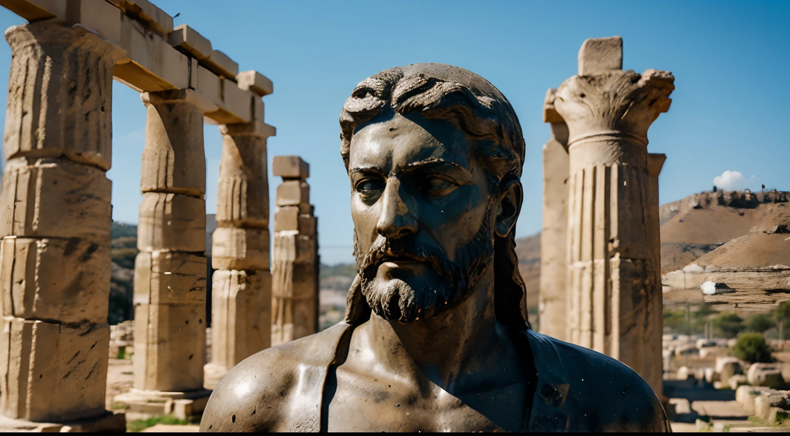 Ancient Stoic Statue With Very Angry Expression, tem barba, muitos detalhes em ambos os olhos, Outside, fundo atenas grego, open sky, com rosto extremamente detalhado full body view, Colors with low saturation with dark tone, Filmado em Sony A7S III com Sony FE 35mm f/1.8, 12.1 MP, --AR 3:2 --estilo cru