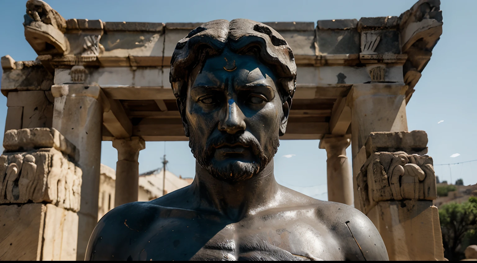 Ancient Stoic Statue With Very Angry Expression, tem barba, muitos detalhes em ambos os olhos, Outside, fundo atenas grego, open sky, com rosto extremamente detalhado full body view, Colors with low saturation with dark tone, Filmado em Sony A7S III com Sony FE 35mm f/1.8, 12.1 MP, --AR 3:2 --estilo cru