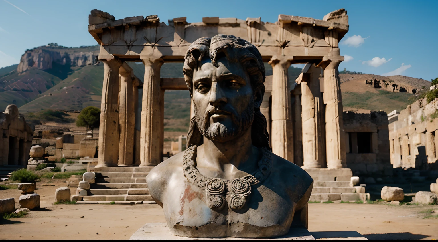 Ancient Stoic Statue With Very Angry Expression, tem barba, muitos detalhes em ambos os olhos, Outside, fundo atenas grego, open sky, com rosto extremamente detalhado full body view, Colors with low saturation with dark tone, Filmado em Sony A7S III com Sony FE 35mm f/1.8, 12.1 MP, --AR 3:2 --estilo cru