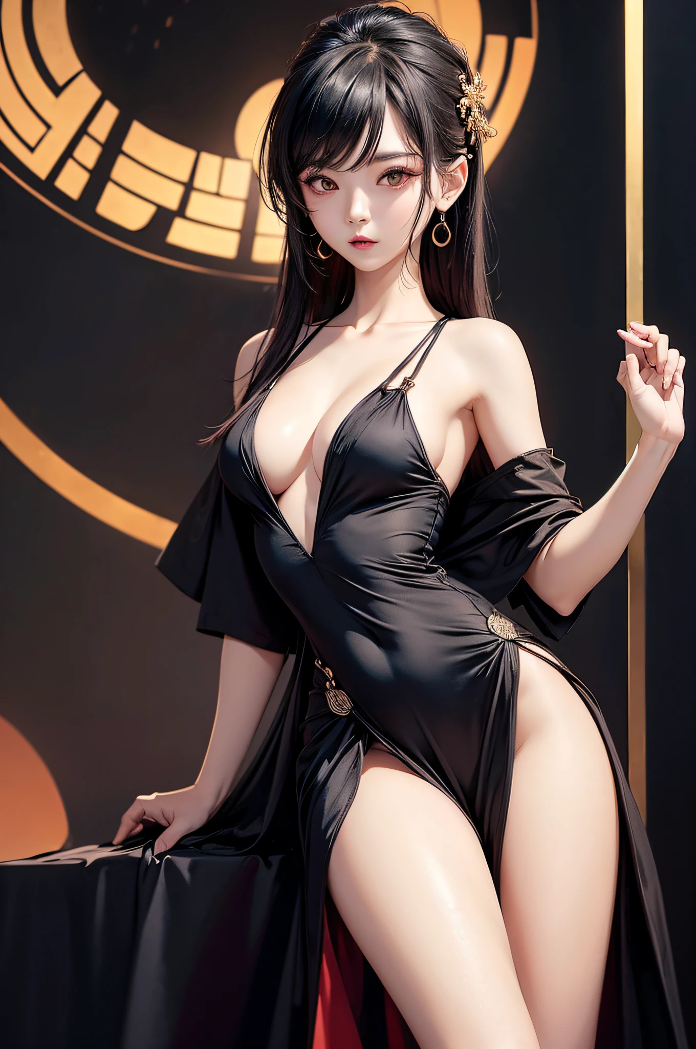 very hot sexy asian girl, half naked boobs expose, Little black dress, artistic background Shopping mall