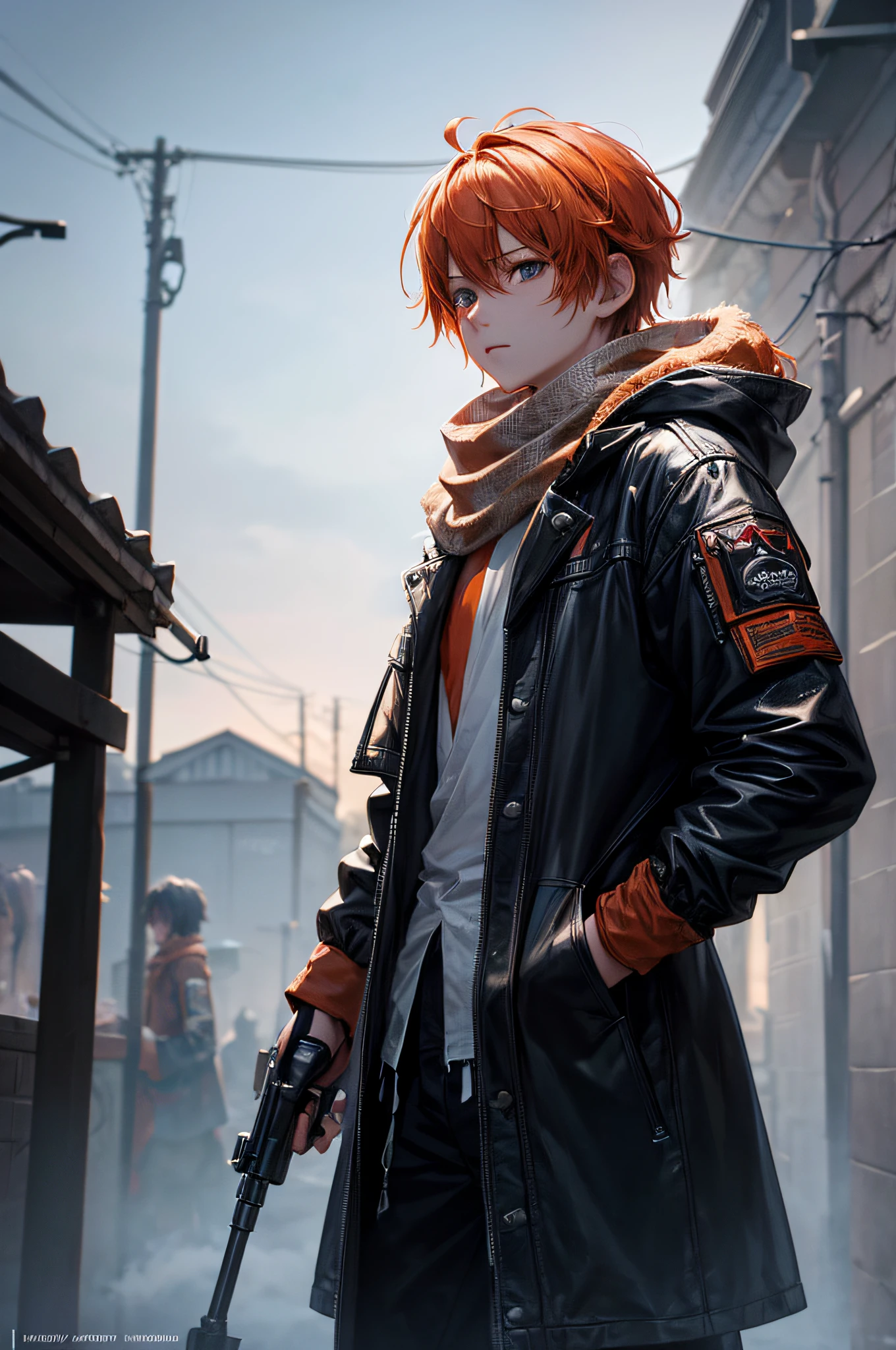 (best quality1.4)++, (masterpiece1.4)++, (highly detailed1.4)+, anime, 1boy, male, thief clothes, (long light orange hair)+, dirty and worn clothes, detailed jacket with lots of equipment, layered scarf, half body shot, small village night time background, natural lighting, soft lighting, dramatic lighting, unreal engine, bokeh, 8k uhd, raytracing, lumen reflections, volumetric fog, Digital art, character design, concept art, divine, celestial, featured on pixiv, epic composition