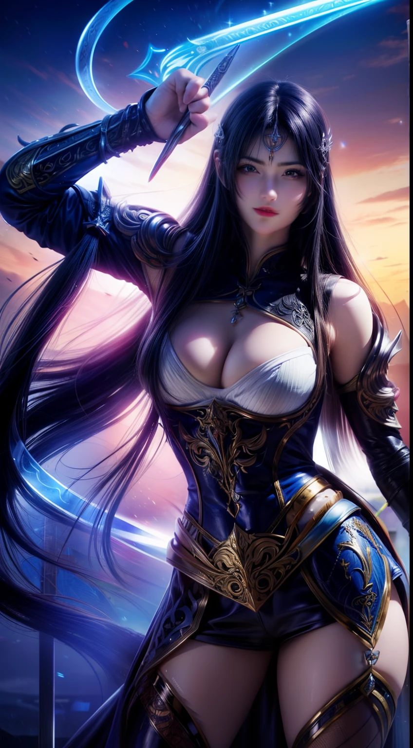 (Best quality,A high resolution,Masterpiece:1.2),Ultra-detailed,(Realistic:1.37),Retro,Female Warrior,Detailed armor,Intricate patterns,Long flowing hair,Sharp sword,mystical ambiance,Darker color palette,Martial arts stance,Lighting effects,Vivid colors