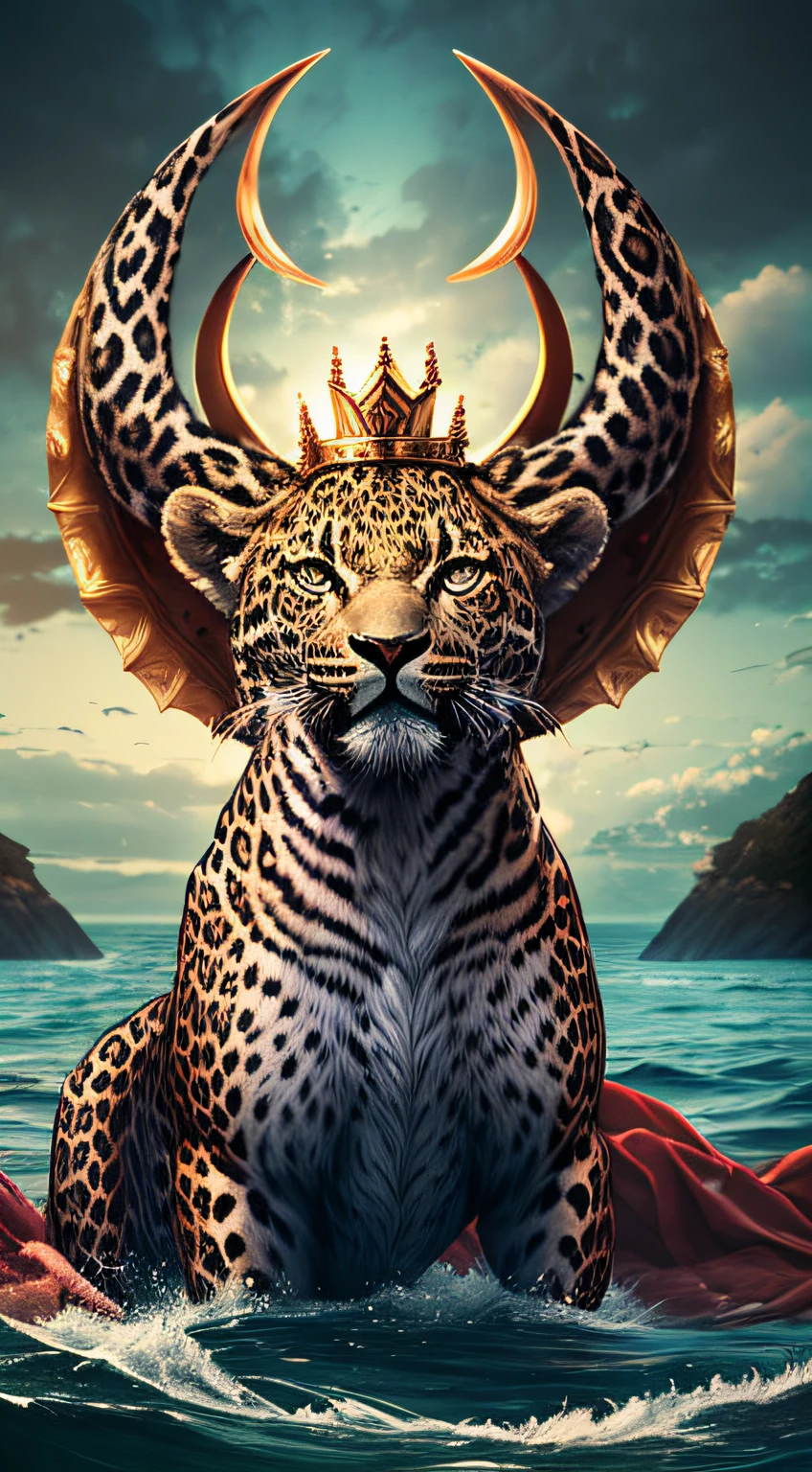 come out of the sea A creature with body leopard, with seven heads, with bear feet,
and a lion's mouth, with ten horns and ten crowns, one on each
cipher, and on each head a name of blasphemy,cinematic, 8k, realistic