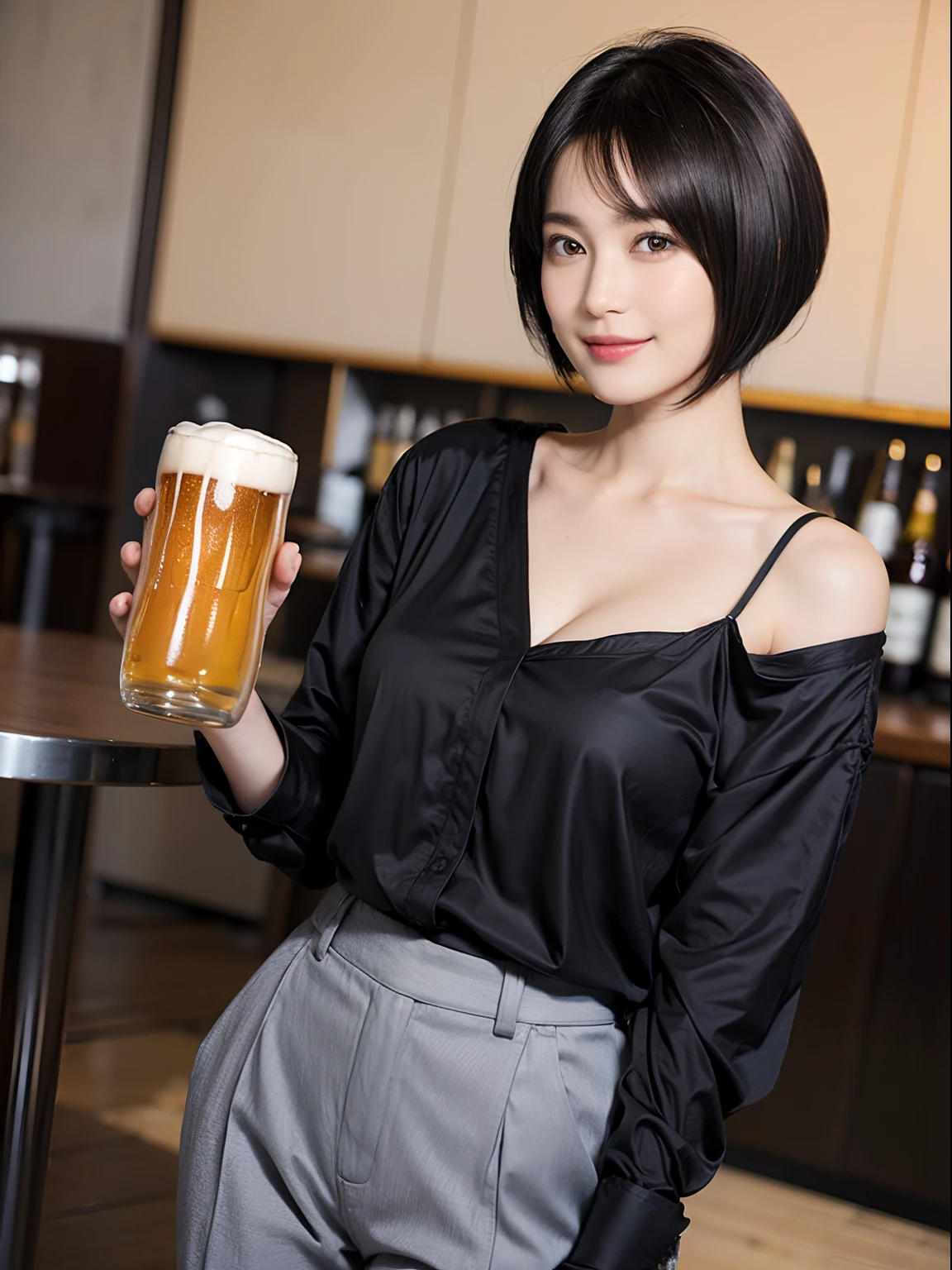 88
(a 20 yo woman,is standing), (A hyper-realistic), (masutepiece), ((short-hair:1.46)), (Smooth black hair), (Breast:1.0), (kindly smile), wear long pants, (Wearing a long-sleeved shirt), (Beautiful skin:1.5), (Drinking beer)