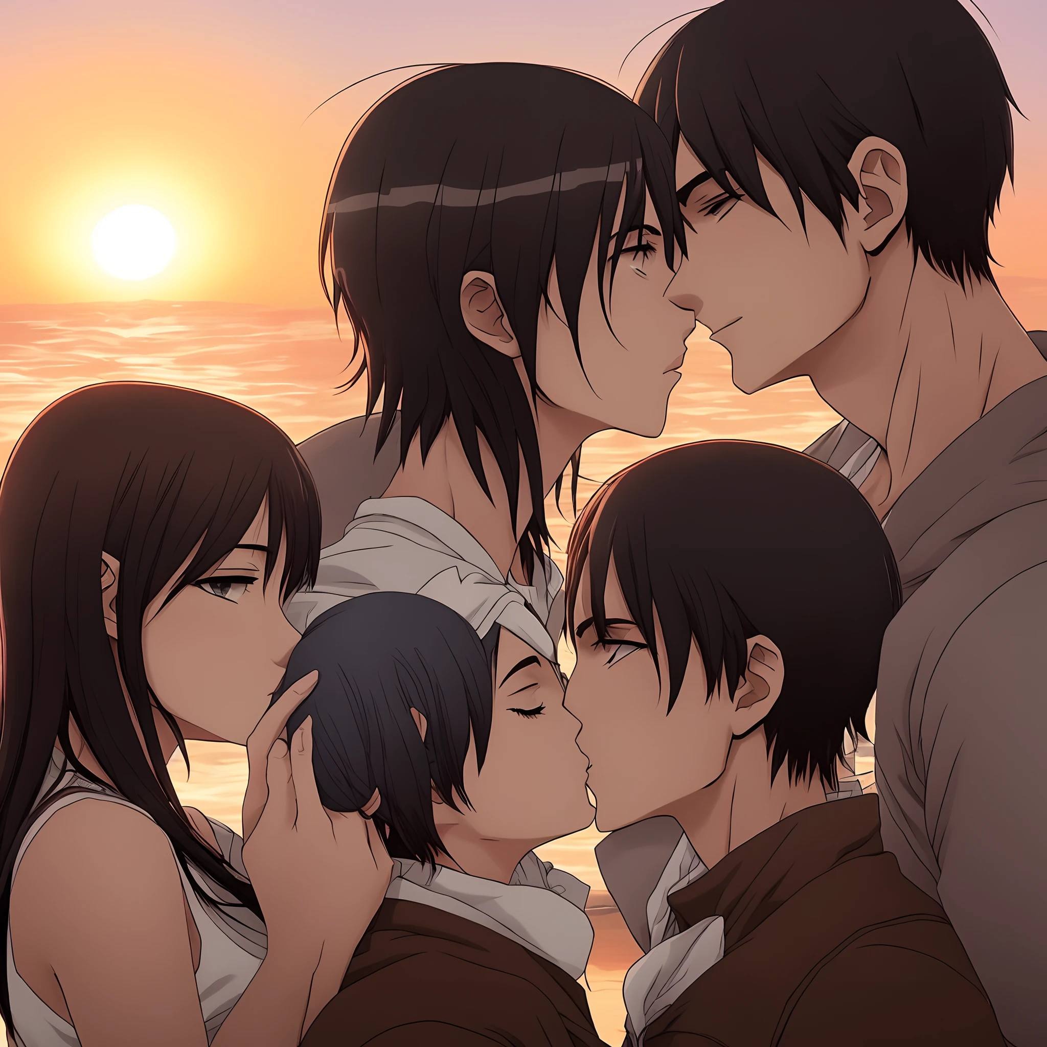 Eren e Mikasa se beijando no por do sol