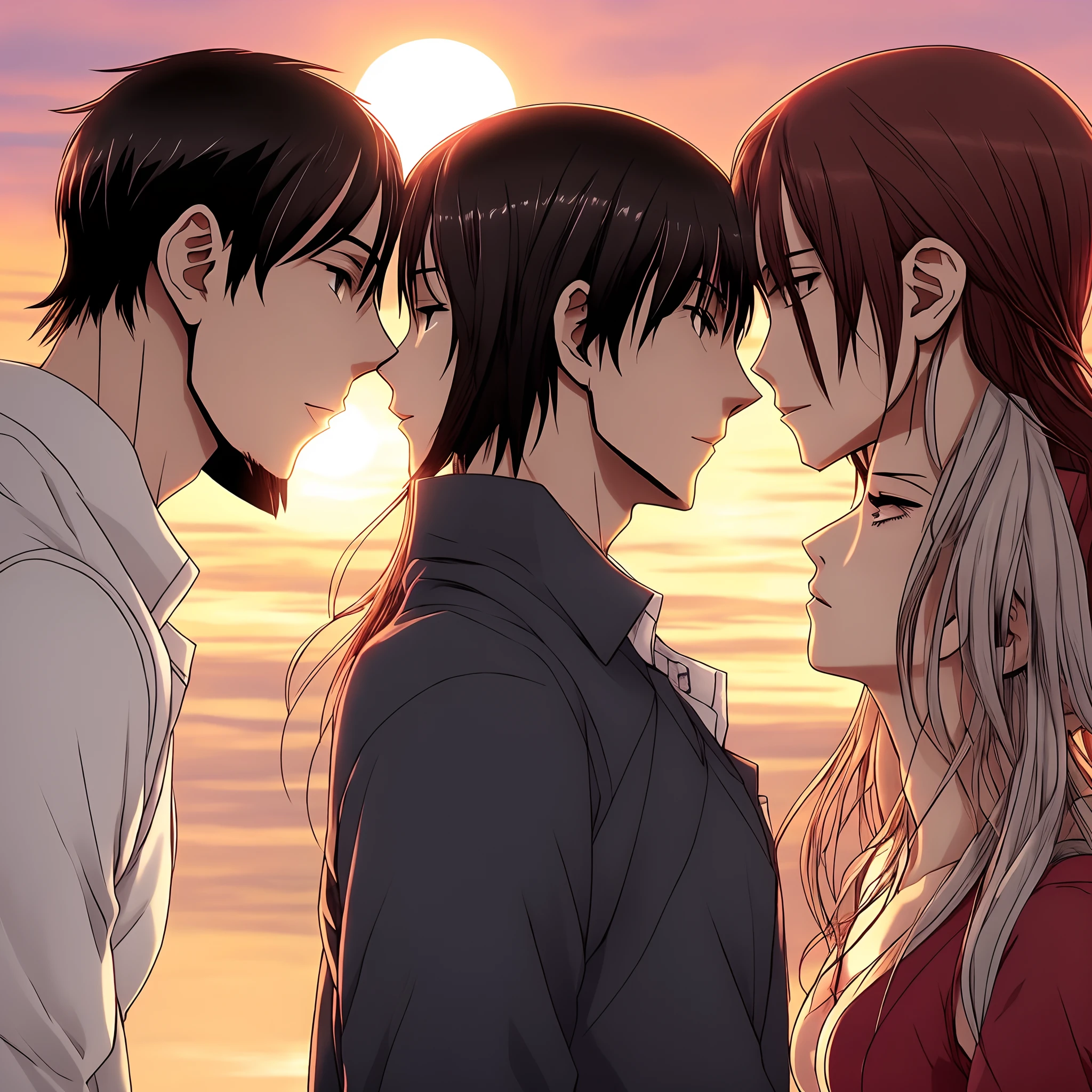 Eren e Mikasa se beijando no por do sol