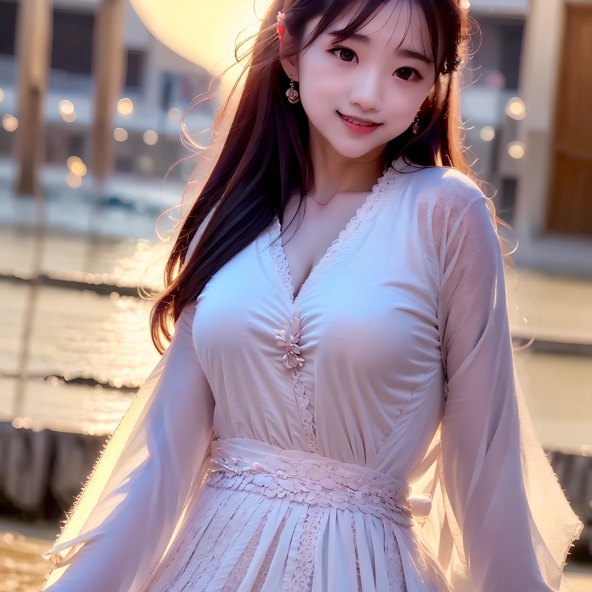 In this photo，A beautiful young smiling woman in a dress，Stroll through the busy streets，The background is the sky at sunset。Her eyes were perfect and intense，The chest is graceful。Eye makeup and highly detailed skin make her look even more glamorous。The photographs are presented in an original analog style，Sharp focus makes every detail visible。This is an 8K ultra-high-definition digital SLR photo，Shot on a Fujifilm XT3 camera，Presents high-quality visuals。Grains and award-winning elements give the atmosphere of this photographic masterpiece。"