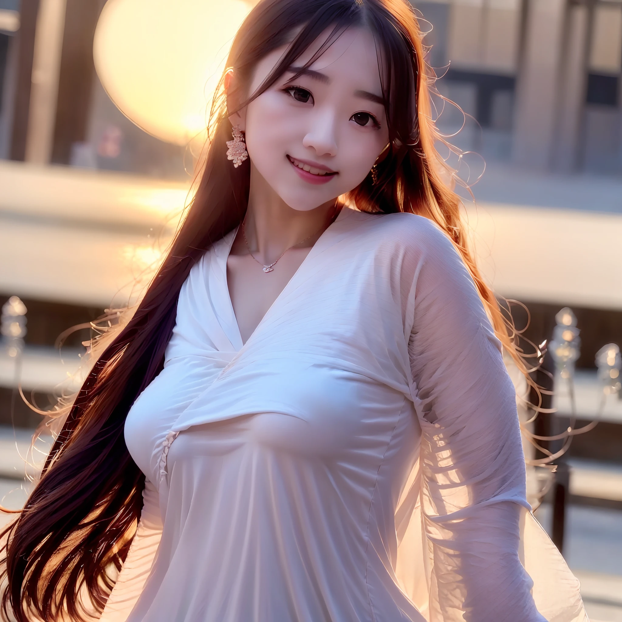 In this photo,A beautiful young smiling woman in a dress,Stroll through the busy streets,The background is the sky at sunset。Her eyes were perfect and intense,The chest is graceful。Eye makeup and highly detailed skin make her look even more glamorous。The photographs are presented in an original analog style,Sharp focus makes every detail visible。This is an 8K ultra-high-definition digital SLR photo,Shot on a Fujifilm XT3 camera,Presents high-quality visuals。Grains and award-winning elements give the atmosphere of this photographic masterpiece。"