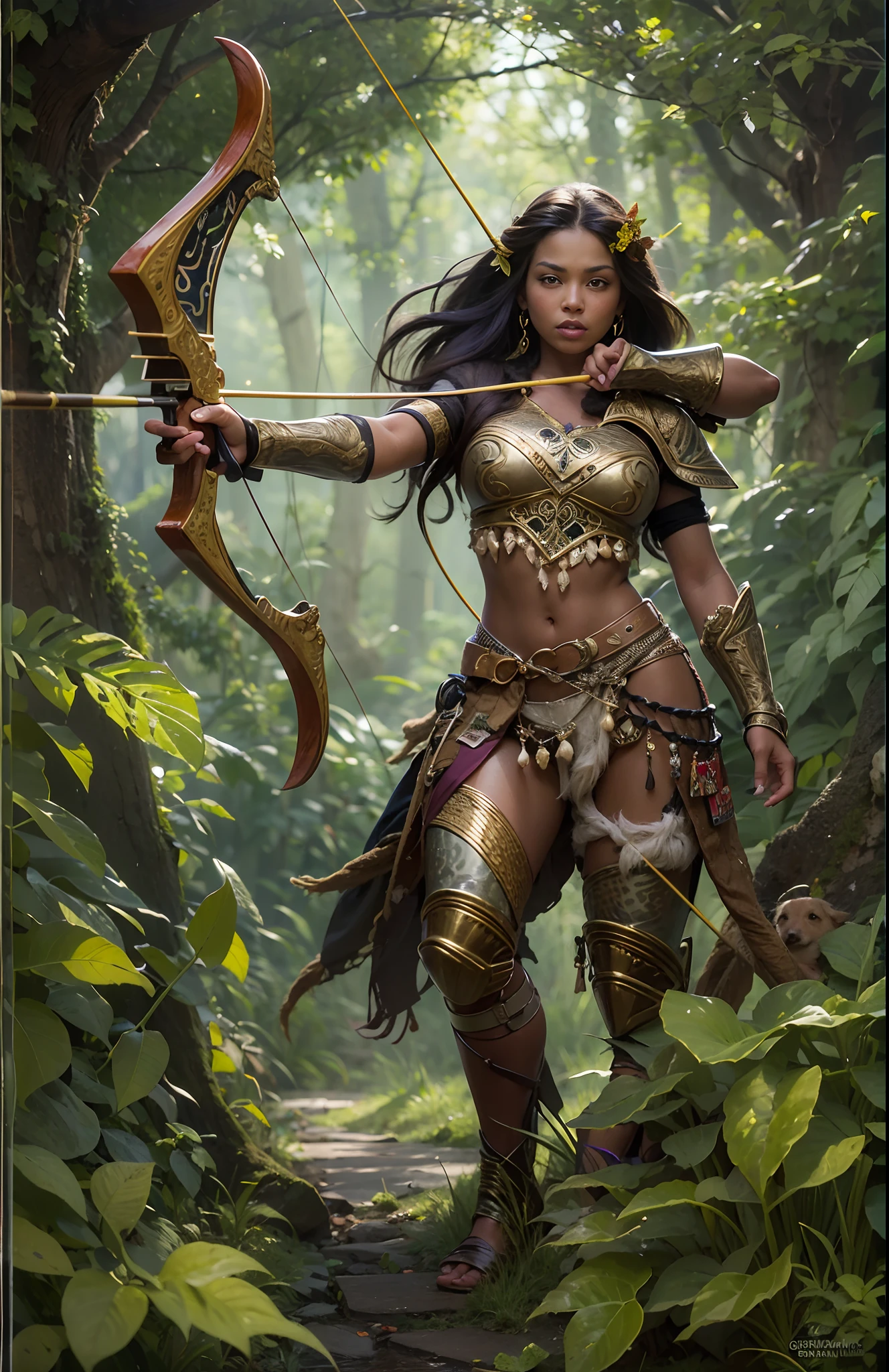 (a high-resolution, realistic) Light skinned black girl, druid in the style of Dungeons and Dragons, holding a bow, with the bow drawn and taking aim at an orc. The girl is dressed in armor made entirely of leaves.
Additional details: The girl has intricate, tribal face paint with earthy colors. Her eyes are sharp and focused, reflecting determination and strength. Her lips are full and slightly parted, showing her concentration as she takes aim. The girl's long, wavy hair is braided with flowers and feathers, adding to her natural and magical appearance. (((full body)))
The armor she wears is made of large, overlapping leaves that resemble scales, providing both protection and camouflage in the natural surroundings. The leaves have a vibrant green color, emphasizing the druid's connection to nature. Vines and flowers intertwine with the armor, further enhancing the mystical and earthy look.
The bow in her hands is made of intricately carved wood, decorated with nature-inspired patterns and symbols. As she pulls back the bowstring, the druid exhibits a graceful and