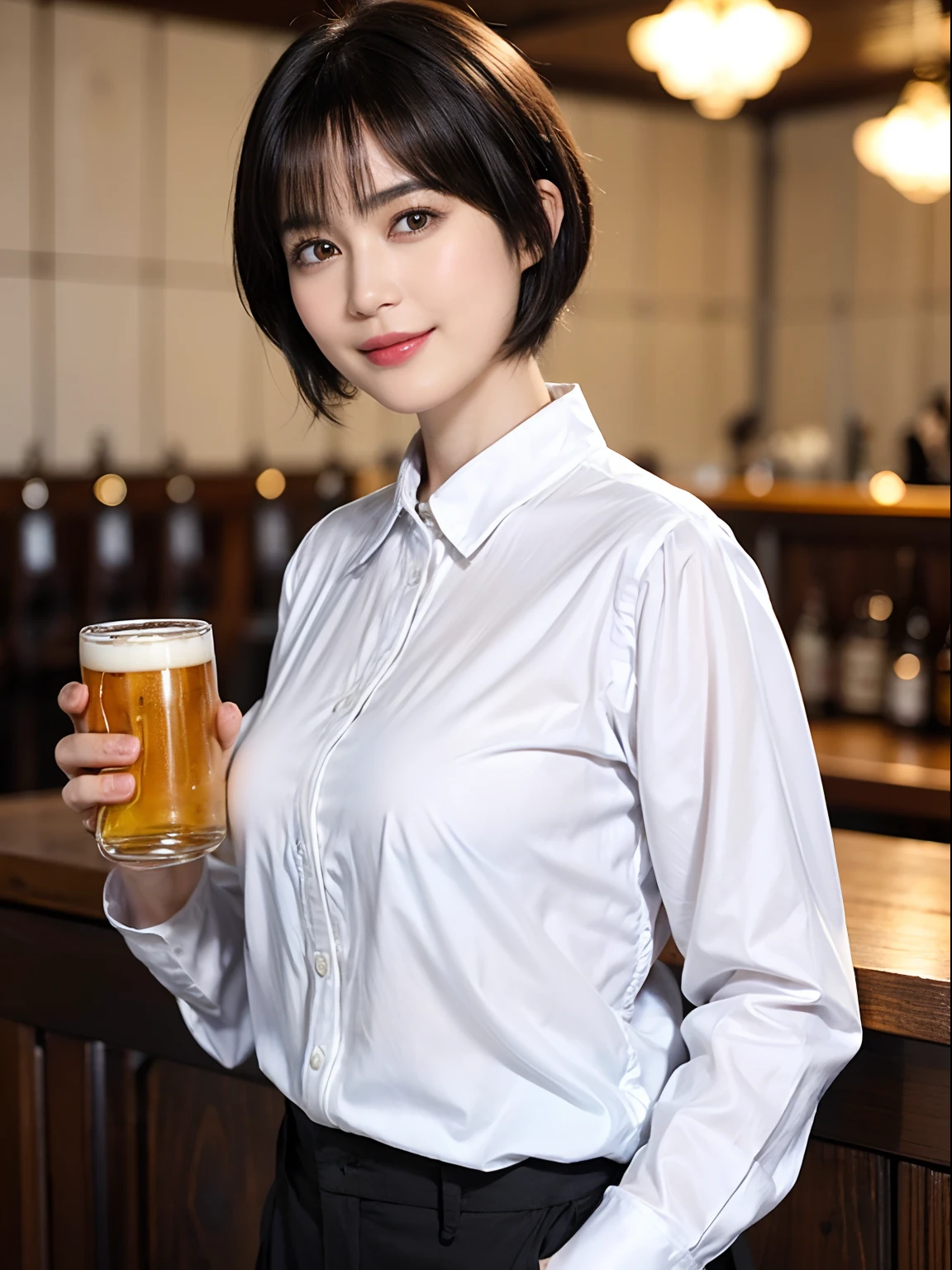 88
(a 20 yo woman,is standing), (A hyper-realistic), (masutepiece), ((short-hair:1.46)), (Smooth black hair), (Breast:1.0), (kindly smile), wear long pants, (Wearing a long-sleeved shirt), (Beautiful skin:1.5), (Drinking beer)