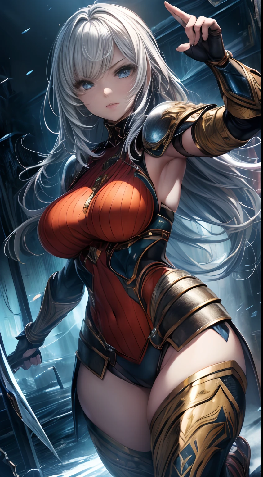 (highres, masterpeice:1.2), (CG:1.5), (female warrior:1.2), detailed armor, dynamic pose, fierce expression, strong and confident, realistic hair and eyes, immersive background, dramatic lighting, intense battle scene