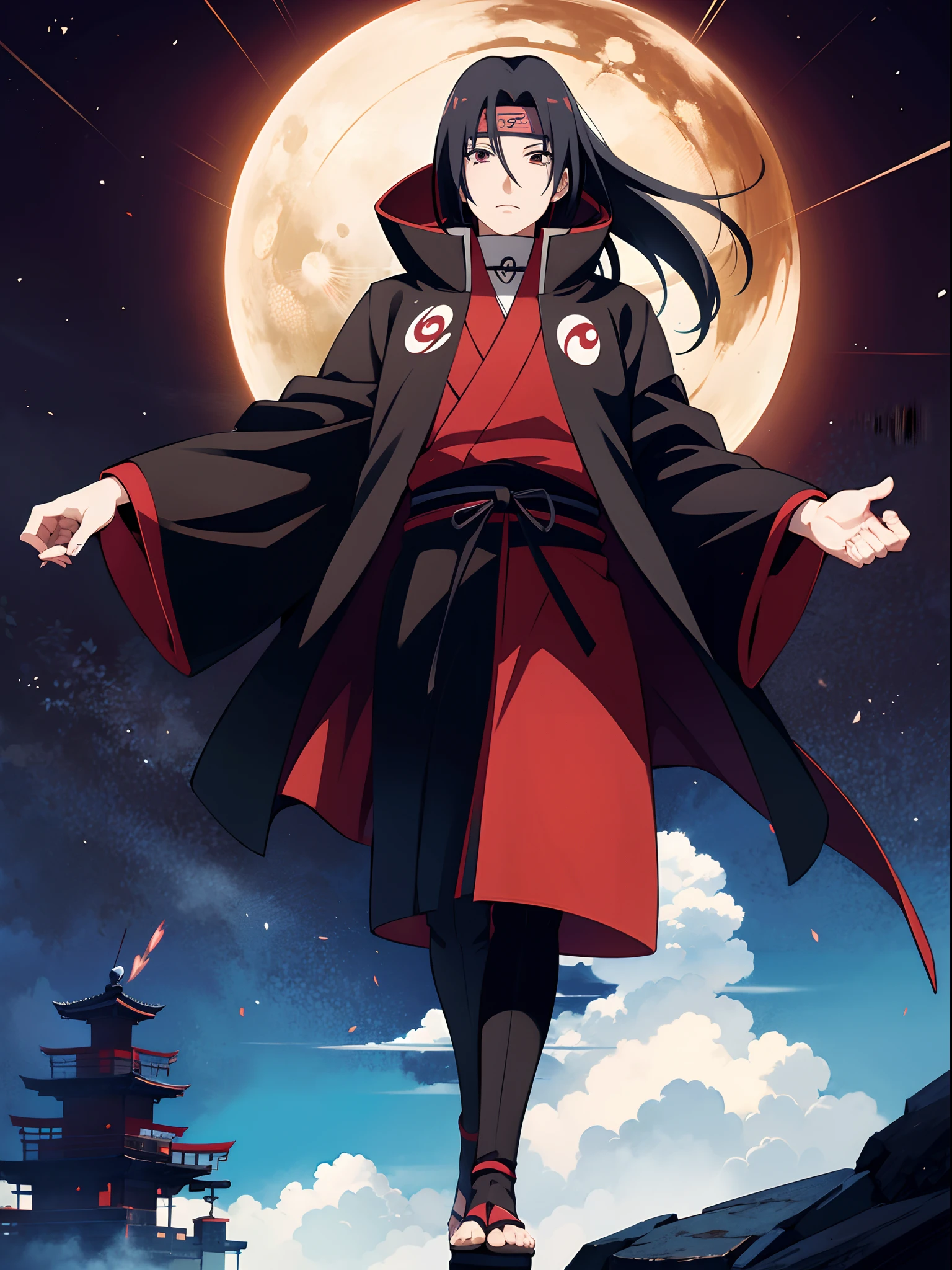 Uchiha itachi wearing a Akatsuki coat, full body with still standing pose, see at the sky, standing on the Mountain and see the top view and show the light shadow of mangekyo sharingan in the sky, beautiful image, realistic anime style, Japanese anime, best quality,