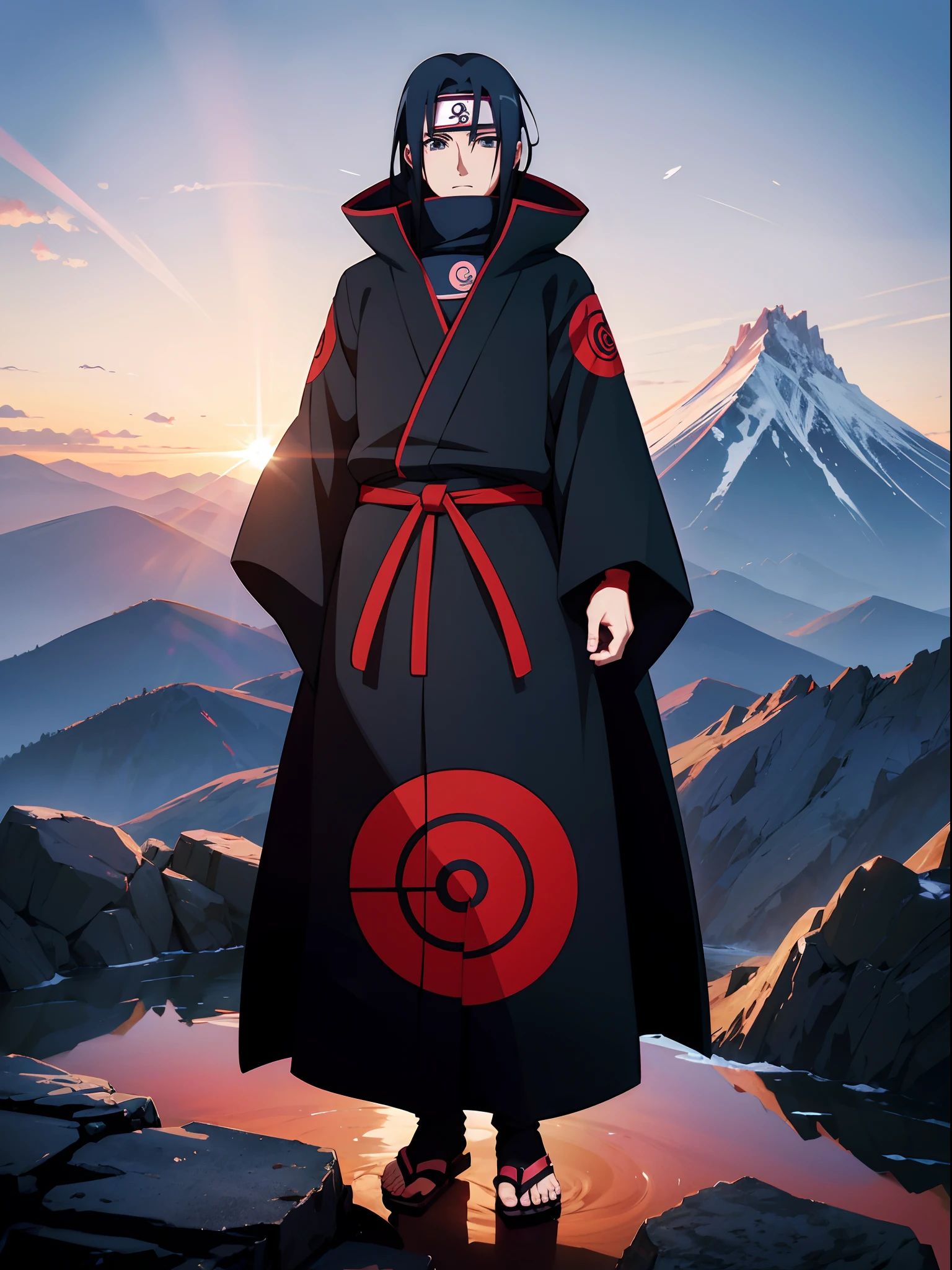 Uchiha itachi wearing a Akatsuki coat, full body with still standing pose, see at the sky, standing on the Mountain and see the top view and show the light shadow of mangekyo sharingan in the sky, beautiful image, realistic anime style, Japanese anime, best quality,