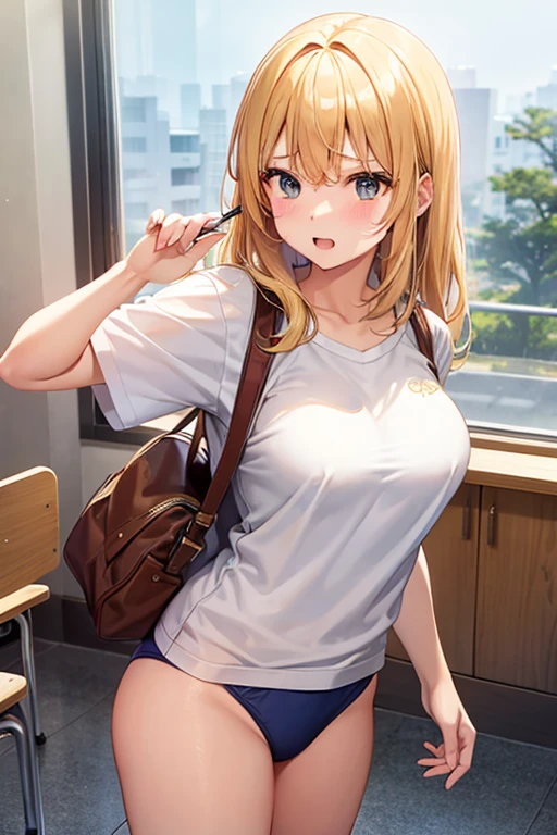 childish、Colossal tits、School swim wear、Golden hair、Classroom、a school student