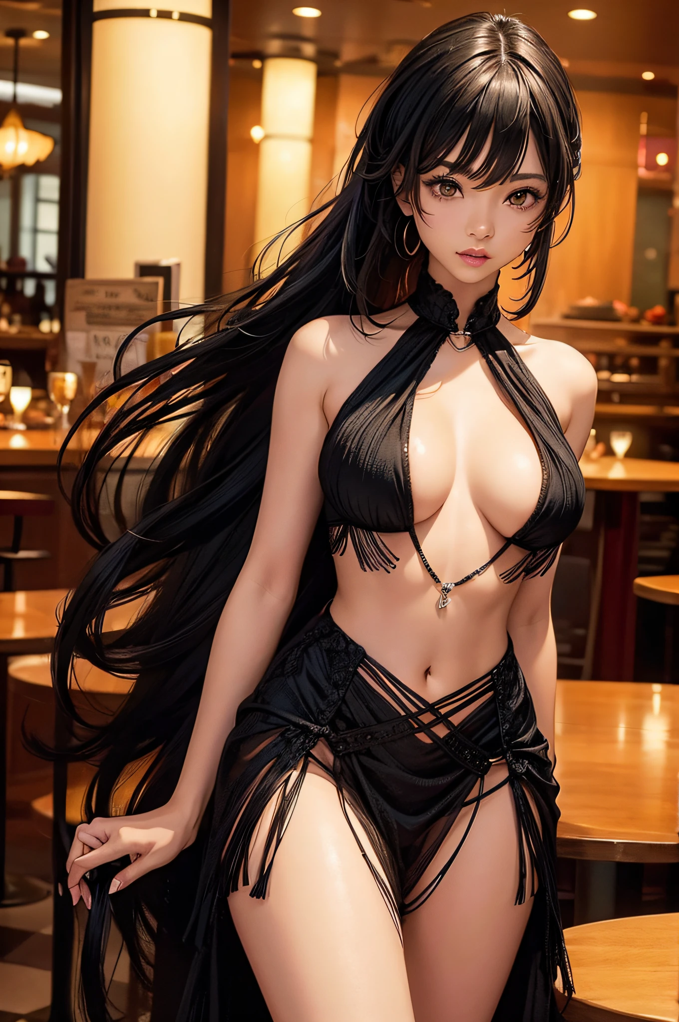very hot sexy black girl, half naked breast expose, Fringe dress Restaurant, vibrant