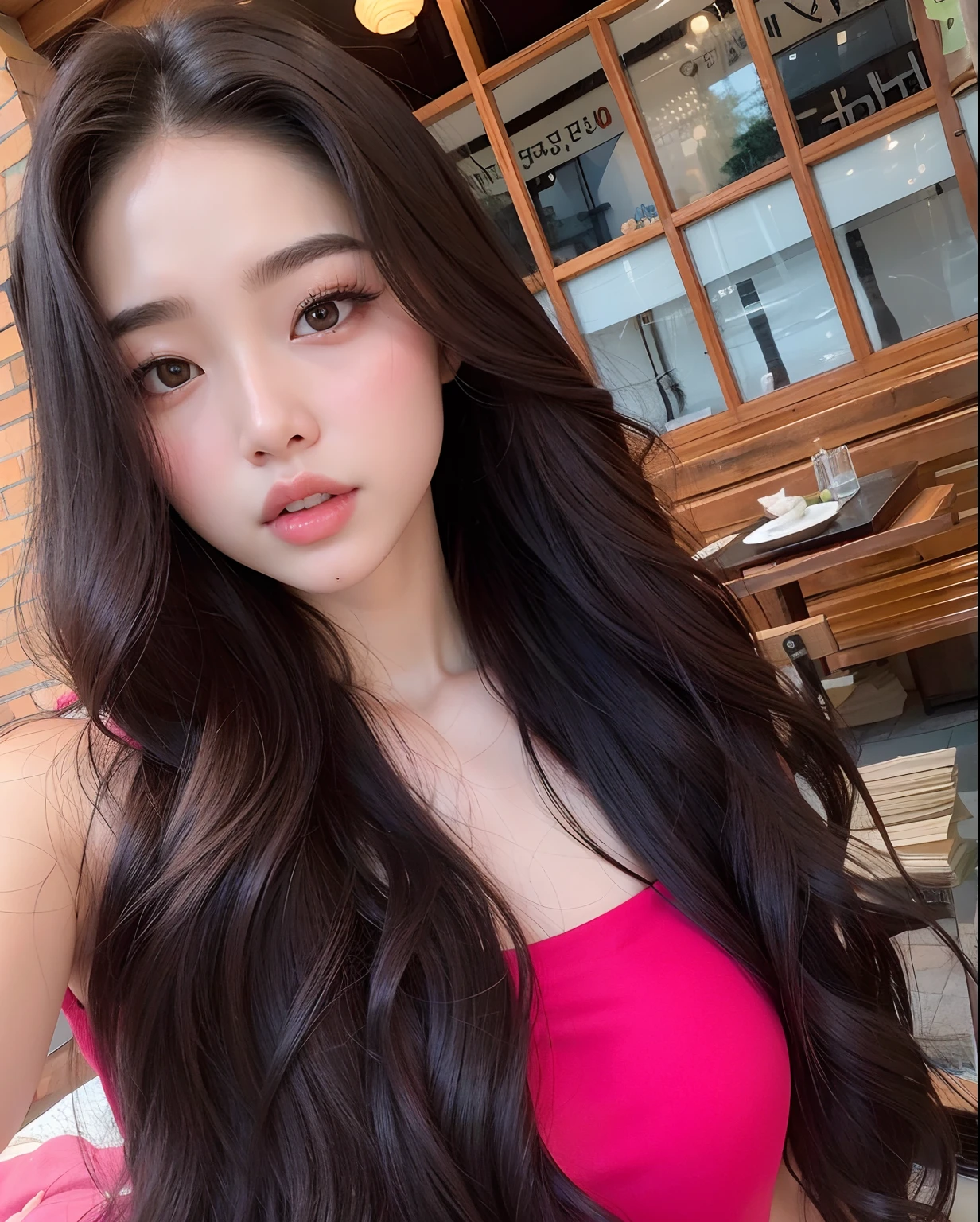 um close up de uma mulher com cabelos longos usando um vestido rosa, beautiful south mulher coreana, gorgeous young mulher coreana, beautiful young mulher coreana, Asian with long hair, Ulzzang, coreana, dilraba dilmurat, young lovely korean face, mulher coreana, maquiagem sul-coreana popular, jaeyeon nam, beautiful asian girl, Heonhwa Choe