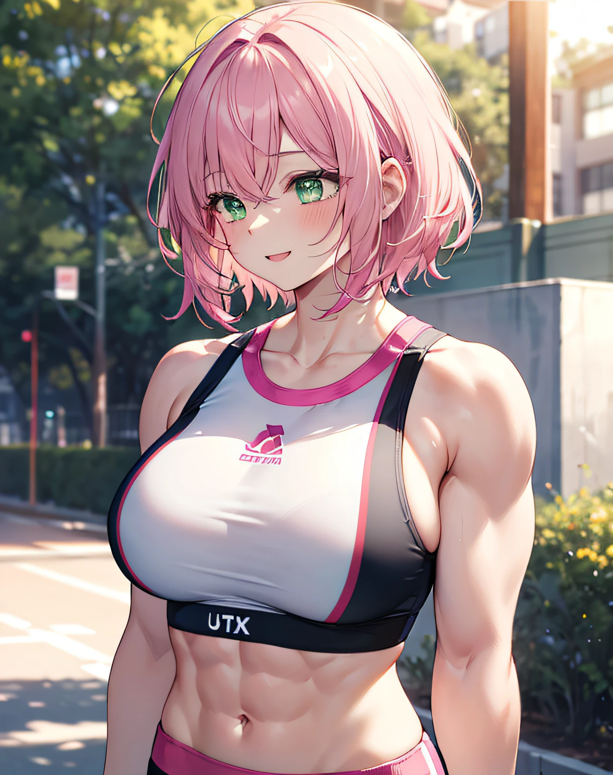 1 girl, solo, best quality, ultra detailed, (happy:1.4), pink hair, pink short hair, green eyes, sports bra, looking away, from front, portrait, buff, muscular arms, buff arms, standing, warm sunlight, leggings, large sized chest, large sized breast, large breasts, large muscular arms, large muscles, exposed midriff