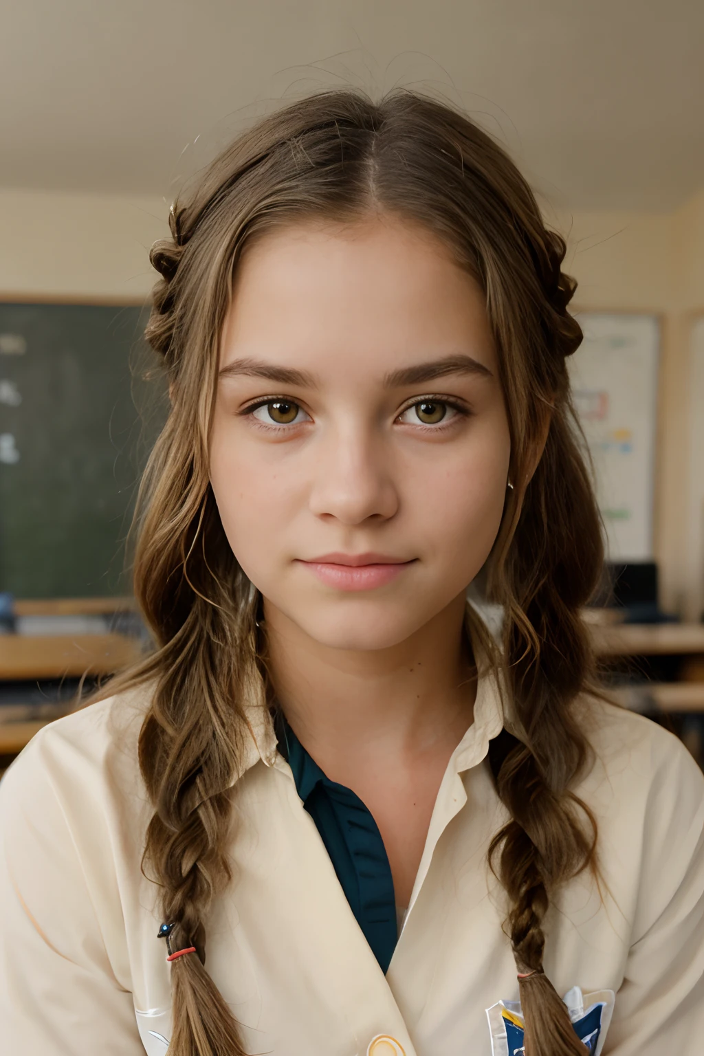 studio photo, Elementary School, braided hair, mussed hair, blondy europen appearance, Professional Photographer, subsurface scattering, flashing, school uniform, RAW photo, high quality, canon 35mm photograph, film grain, bokeh, professional, 4k, highly detailed, natural skin, skin moles, cozy interior, (cinematic, film grain:1.1)