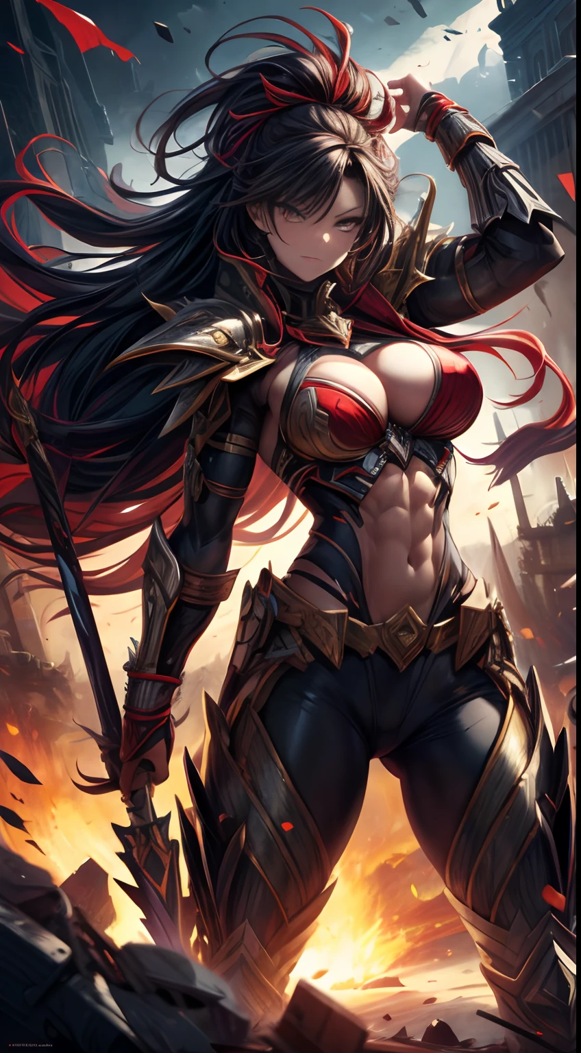 highres,masterpiece:1.2,cg,warrior woman,beautiful detailed face,sharp focus,armor,weapon,commanding presence,vibrant colors,dynamic poses,smoke and debris,explosions,fierce determination,grim battlefield,scars,battle scars,powerful stance,stormy sky,flag flying,glowing eyes,muscular physique,epic battle scene,dramatic lighting,highly detailed portrait,digital painting,heroic,action-packed