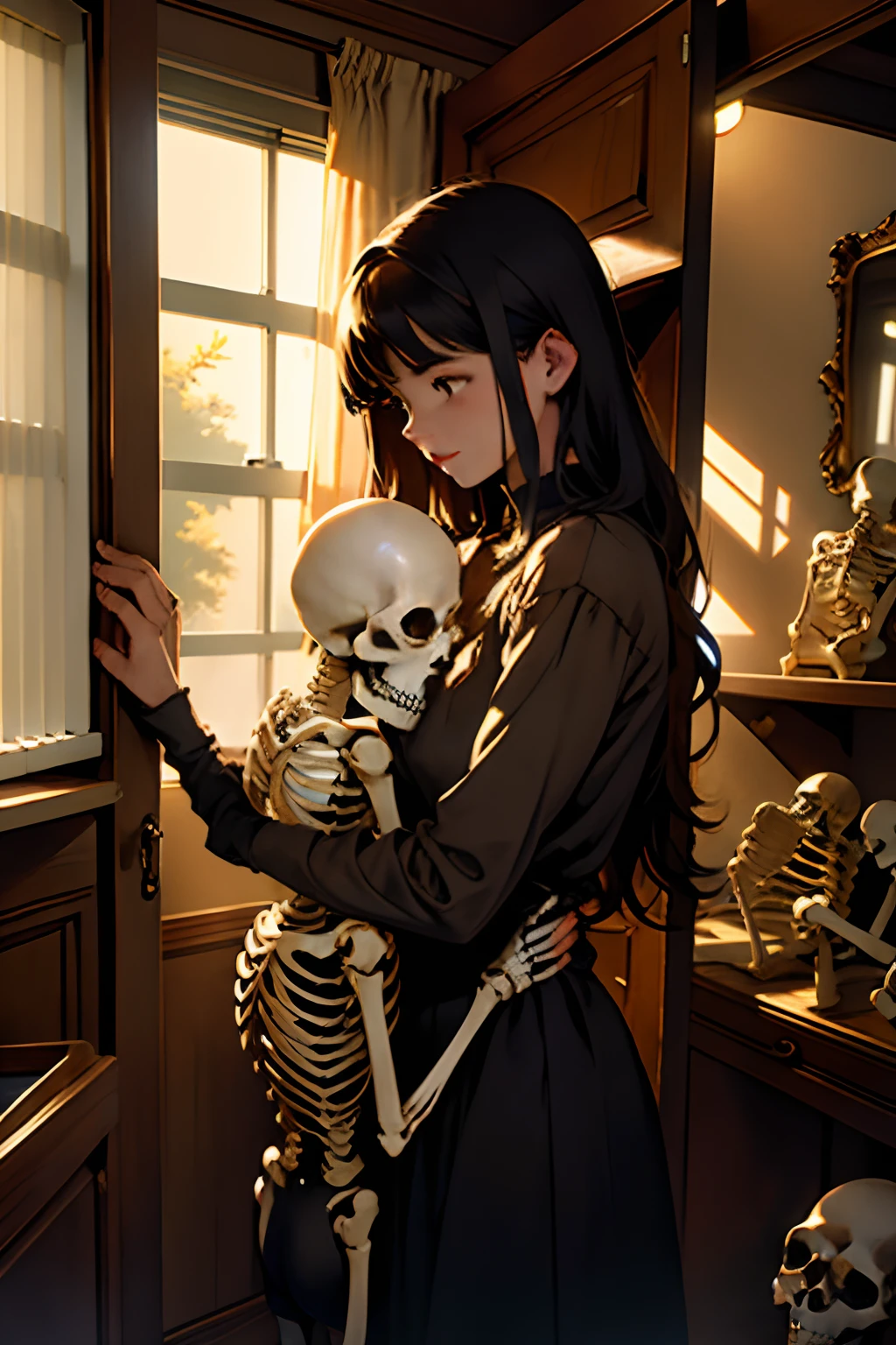 Skeletons in the closet, hugging a young girl (beautiful), vintage, antique furniture, twilight. ,light from the blinds.Skeletons in the closet, hugging a young girl (beautiful), vintage, antique furniture, twilight. ,light from the blinds.