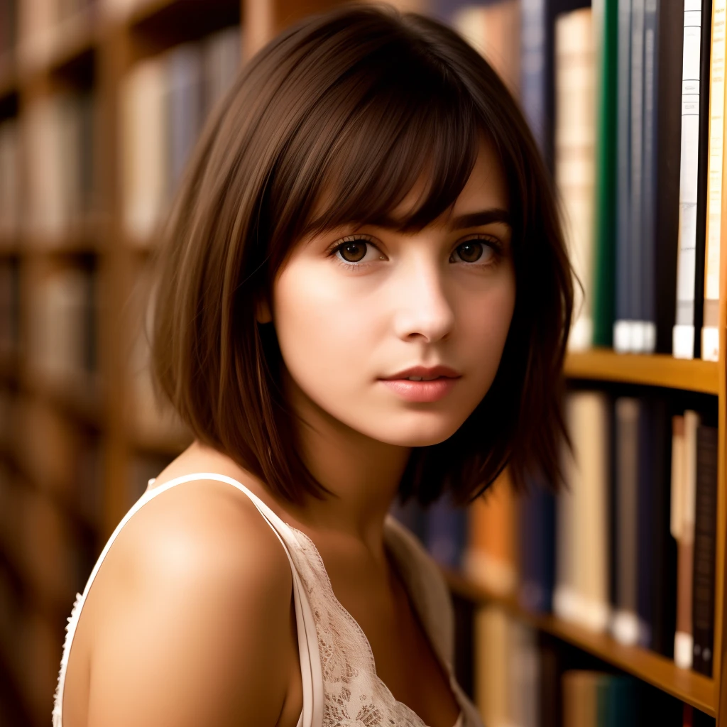 , young, brunette, short hair, facing me, in a library, realistic, 4k,