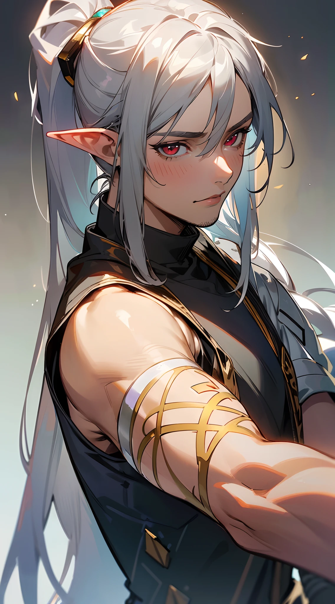 Handsome man, ((gray stubble :1.1)) , red eyes , elf ears , extremely long hair , ((silver hair)) , hair in a ponytail, lean , muscular ,((male:2 )), age 41,
in the style of cyberpunk futurism, african influence, etam cru, light blue and gold, michael creese, steelpunk, michael hussar, white background
(masterpiece, best quality:1.3),beautiful detailed glow,best illuminate,(((best quality,textile shading,ultra detailed))),extremely detailed CG unity 8k wallpaper,Highly Detailed beautiful and aesthetic,best light,high resolution,detailed,dynamic lighting , 1Character , pastel washed out colors , cell shade , soft, muted shades ,gentle colors ,