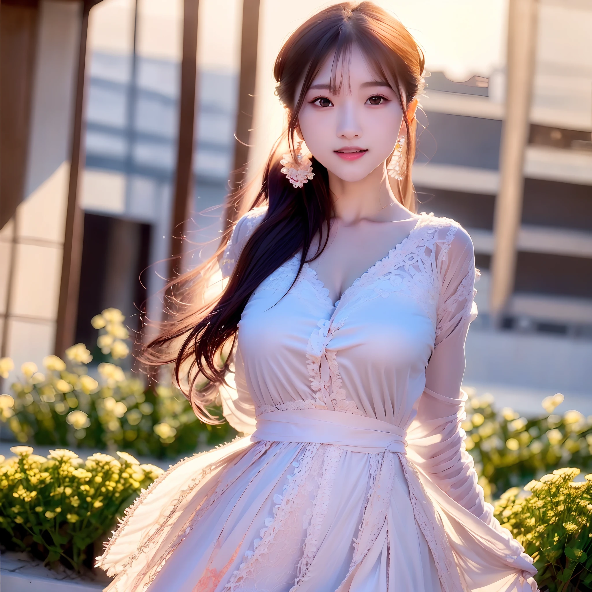 In this photo,A beautiful young smiling woman in a dress,Stroll through the busy streets,The background is the sky at sunset。Her eyes are perfect and intense,The chest is graceful。Eye makeup and highly detailed skin make her look even more glamorous。The photographs are presented in the original analog style,Clear focus makes every detail visible。This is an 8K Ultra HD DSLR photo,Shot with a Fujifilm XT3 camera,Deliver high-quality visuals。Textures and award-winning elements give this photographic masterpiece its atmosphere。"