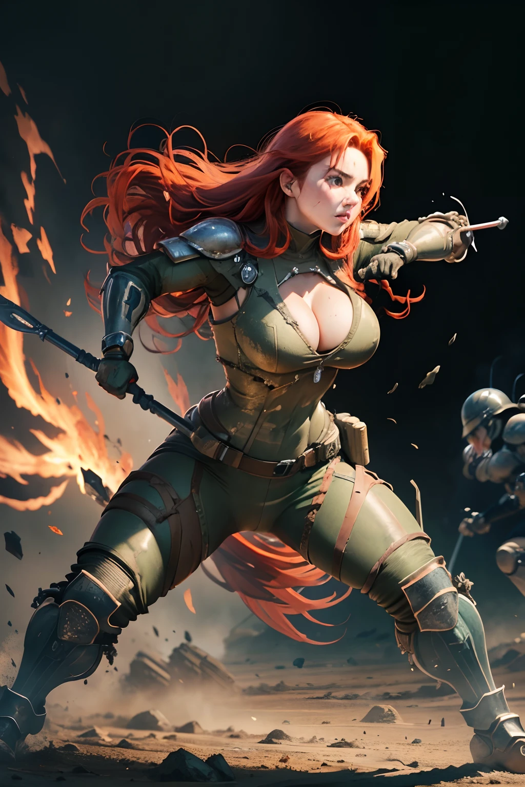 masterpiece, UHD, ((extremely detailed)), ((revealing battle suit:1.3)), large beautiful breast, exposed breasts, battle stance, weapons in hands, ((clear hands)), ((detailed hands)), (holding weapon in hands), ((battle stance pose:1.3)), (war background:1.2), war going on in the background, ((detailed soldier:1.2)), looking at the viewer, front view, historical, dynamic pose, (dynamic battle stance), sole girl, 1girl, ((exposed cleavage)), red hair, red beautiful hair, detailed red hair