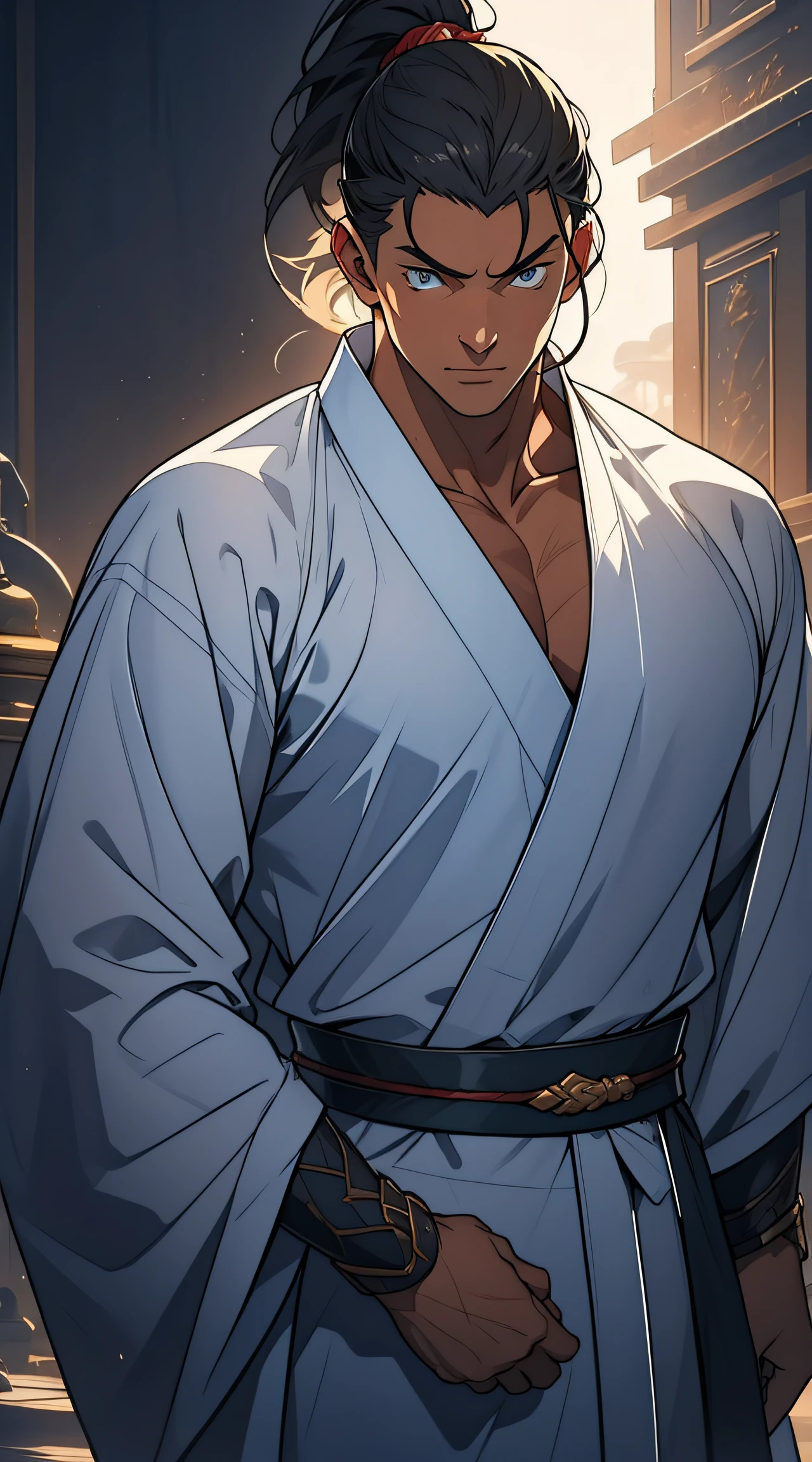 quadratic element,style of anime,mtu(Male Warrior),The proportions are correct,Face details,swordsmen,High ponytail hairstyle,Neck details,There is an Adam's apple,White robe,kaftan,long white robe,clothes details,Handing over,longer sleeves,Game quality,Swordsmanship,Light and shadow tracking,Ray traching,detailed glow,cg render,hair detail,cabelos preto e longos,blue colored eyes,Handsome,Handsome,(juvenile sense),Clothing is complicated,Perfectcomposition,Refinement,high qulity,higher details,Lots of details,The background is complex,a sense of atmosphere,