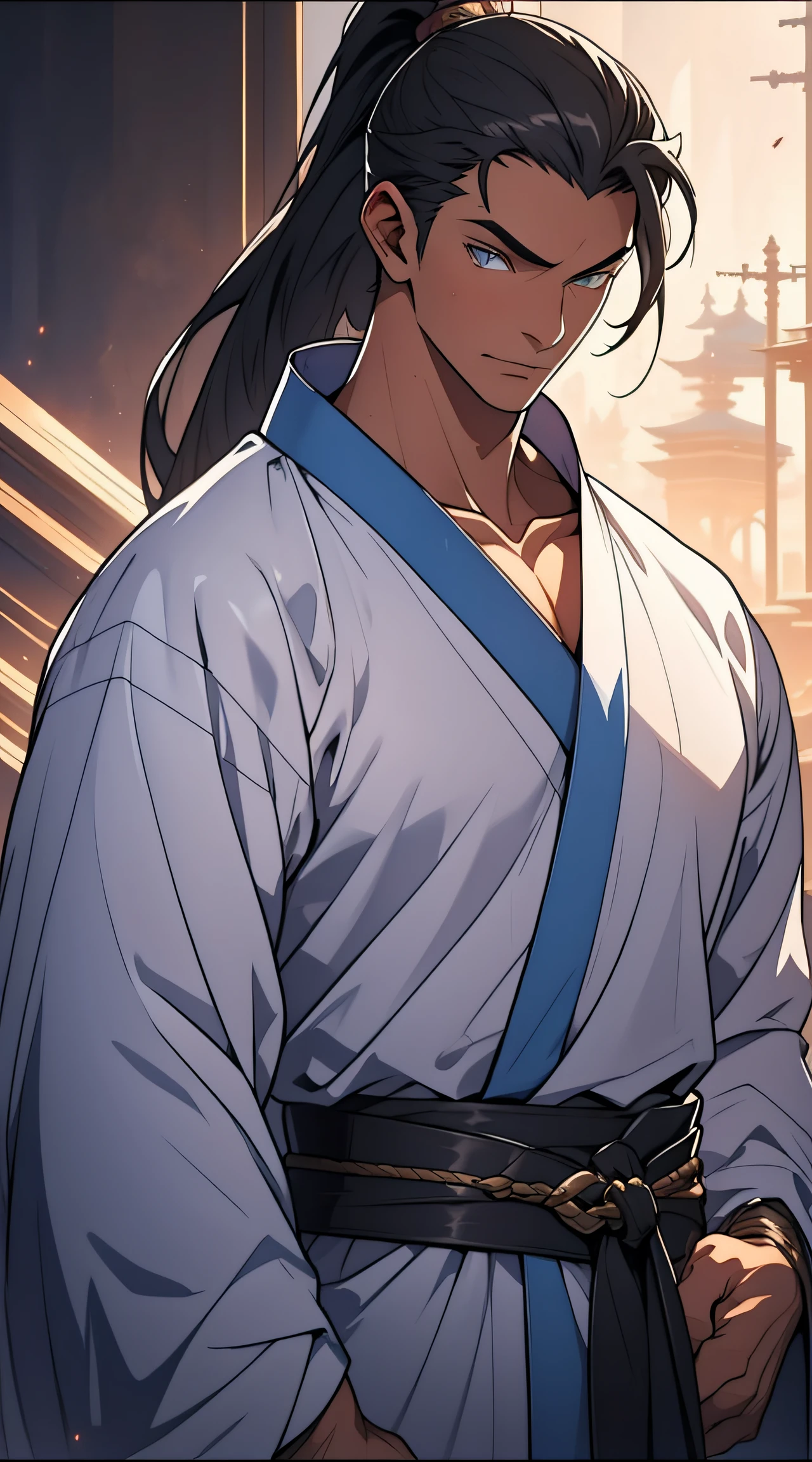 quadratic element,style of anime,mtu(Male Warrior),The proportions are correct,Face details,swordsmen,High ponytail hairstyle,Neck details,There is an Adam's apple,White robe,kaftan,long white robe,clothes details,Handing over,longer sleeves,Game quality,Swordsmanship,Light and shadow tracking,Ray traching,detailed glow,cg render,hair detail,cabelos preto e longos,blue colored eyes,Handsome,Handsome,(juvenile sense),Clothing is complicated,Perfectcomposition,Refinement,high qulity,higher details,Lots of details,The background is complex,a sense of atmosphere,