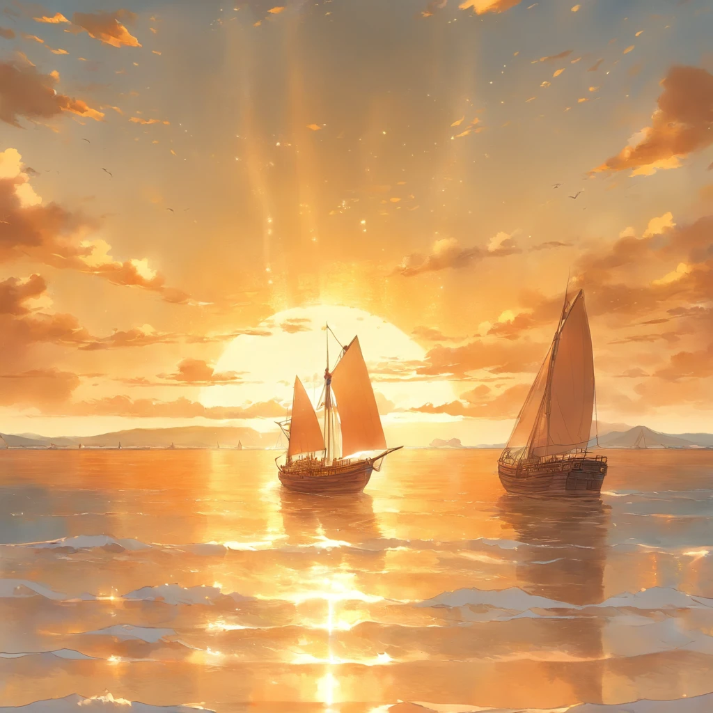 The endless sea, the sun reflects the golden light on the water, there is a lonely sailing ship in the distance, the sea is as quiet as a mirror,Big scene, lots of detail. lots of detail, lots of detail,Illustration, watercolor on textured paper,