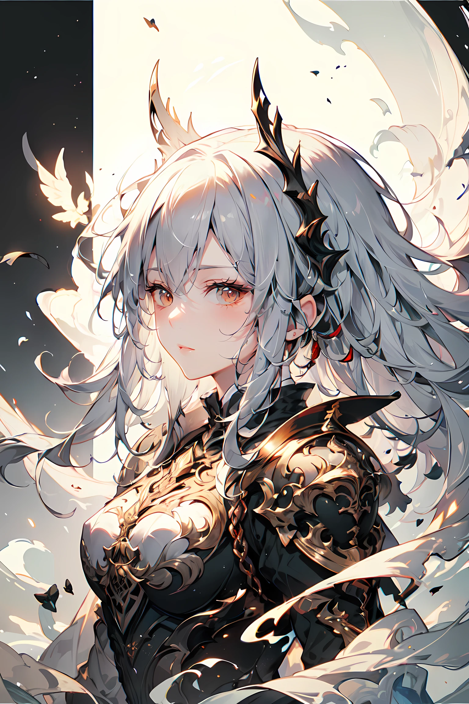 best quality,ultra-detailed,portraits,light,peaceful,captivating,long white hair,armor,dark background,delicate features,subtle colors,Ethereal Beauty,graceful pose