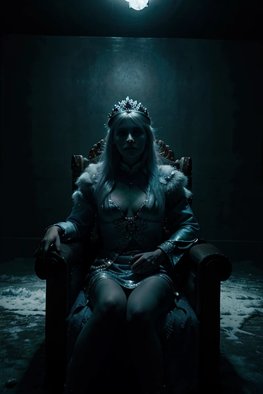 a real photo of a icequeen in her throne, looking the camera in a dark environment