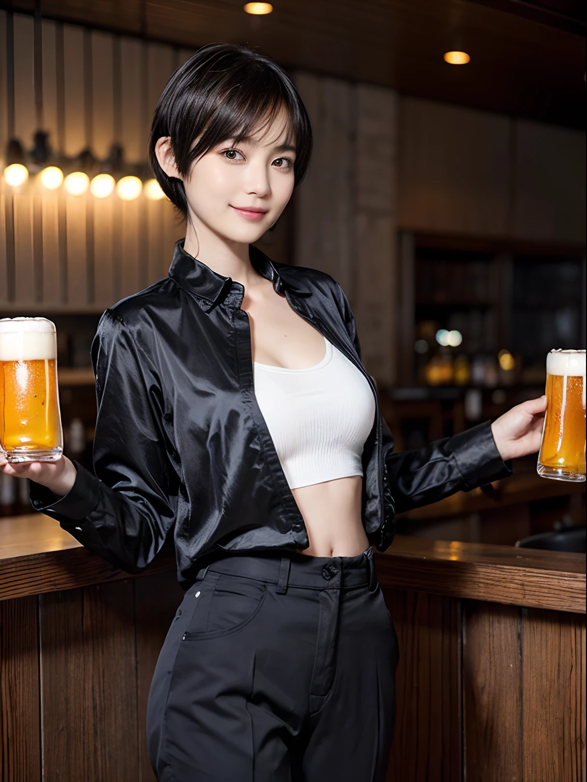 88
(a 20 yo woman,is standing), (A hyper-realistic), (masutepiece), ((short-hair:1.46)), (Smooth black hair), (Breast:1.0), (kindly smile), wear long pants, (Wearing a long-sleeved shirt), (Beautiful skin:1.5), (Drinking beer)v