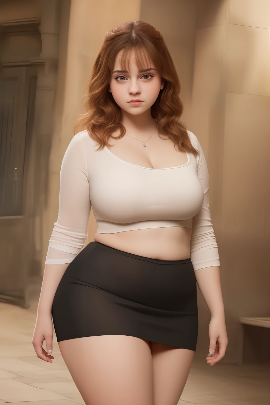 masterpiece, (photorealistic), (8k wallpaper) , (best quality), perfect quality, solo, (detailed eyes:1.1), Ermione, adult, very beautiful face, thin face, small smile, sexy, fat rolls, curvy, chubby, navel , soft, tight miniskirt, black miniskirt, muffin top, love handles, thunder thighs